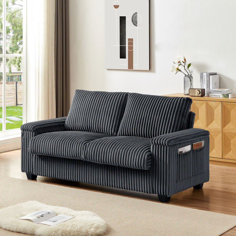 Plush Corduroy Loveseat Sofa  With Square Storage Armrest USB port