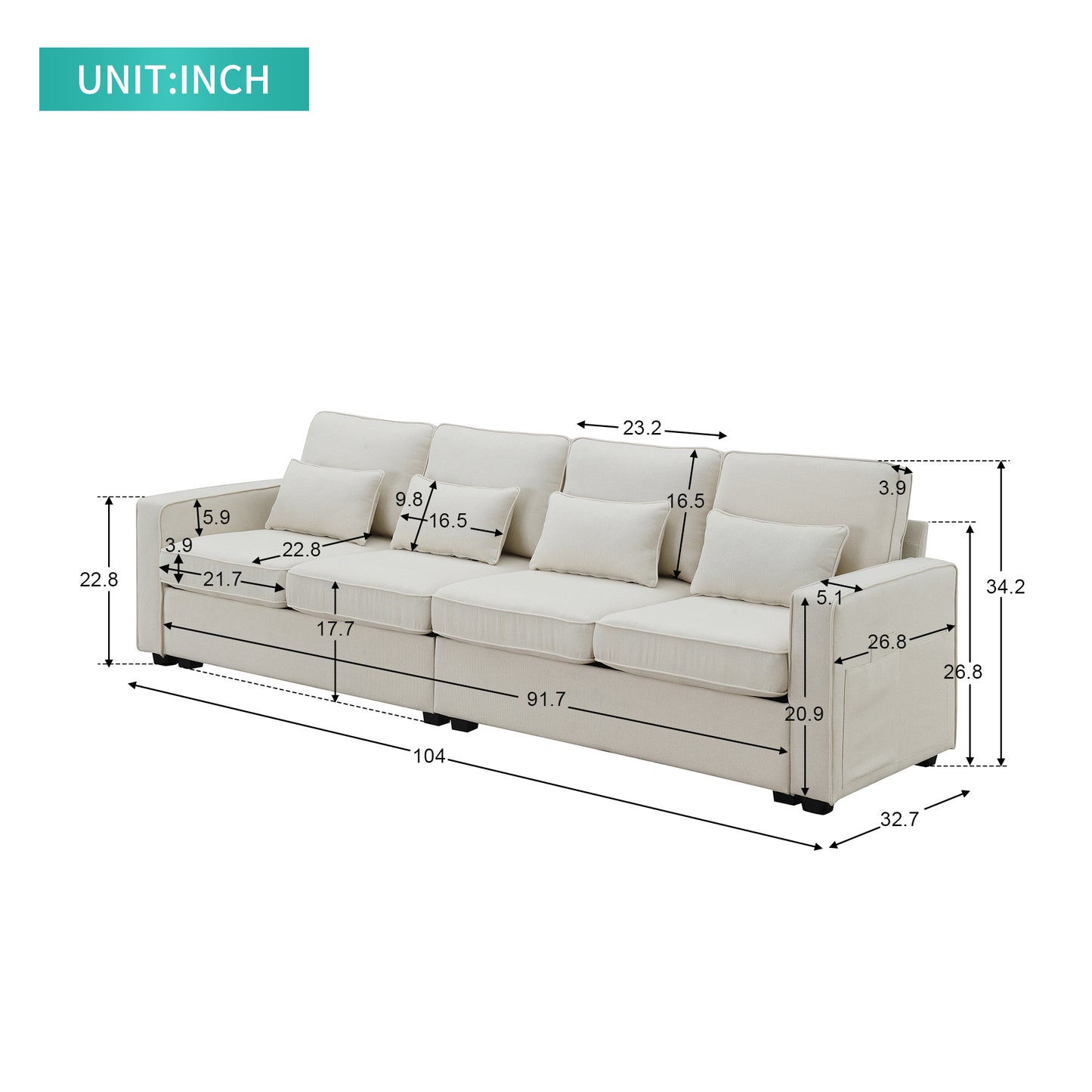 Modern 4-Seater Linen Fabric Sofa with Armrest Pockets and 4 Pillows