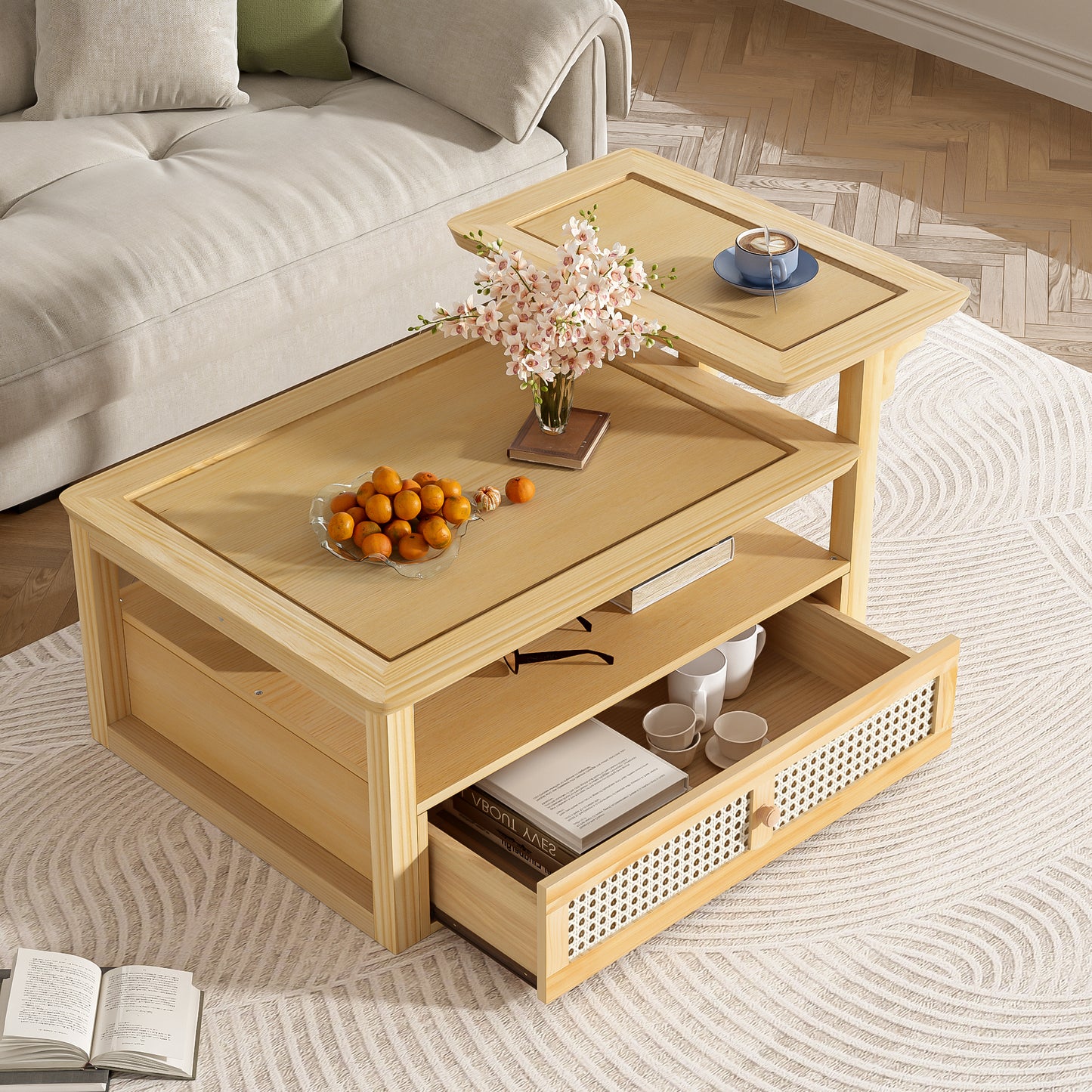 Modern Living Room Coffee Table: 1 Storage Shelf, 2 Tabletops & Rattan Drawer