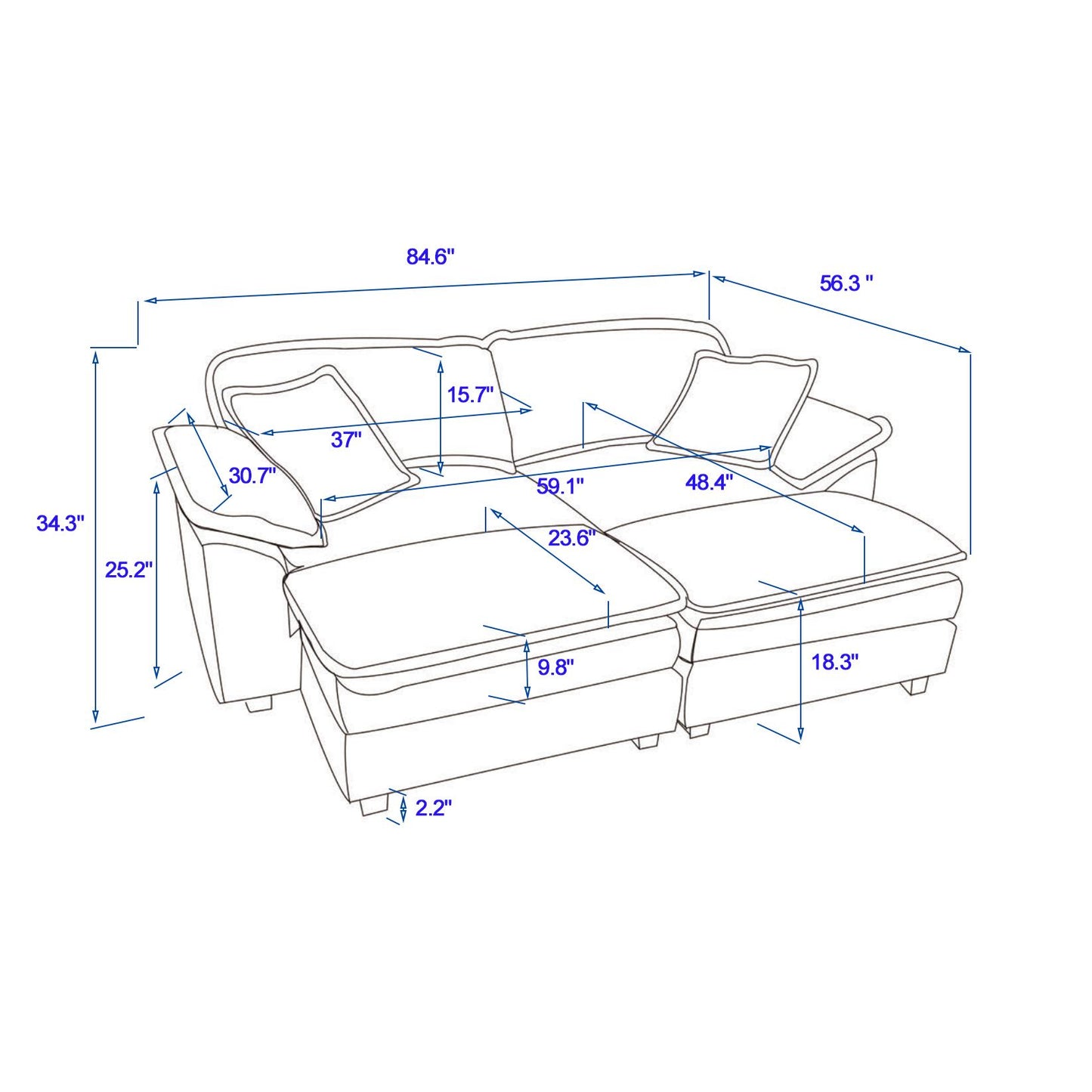 Corduroy 2-seats sofa With 2 back pillows,2 toss pillows and two ottoman,Comfy Sofa- Deep Seat Couch