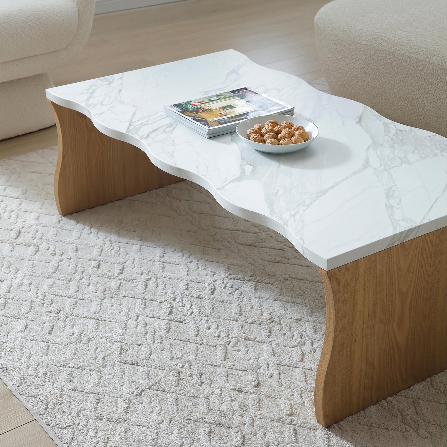 Modern Faux Marble Coffee Table  End Table Set | White Marble Top, Solid Wood Veneered Base – Flowing Wave Design, Natural/Walnut