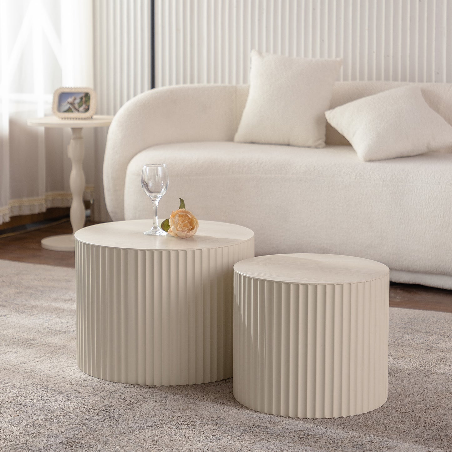 Set of 2 Beige Nesting Coffee Tables: Modern Drum - Shaped for Living Room