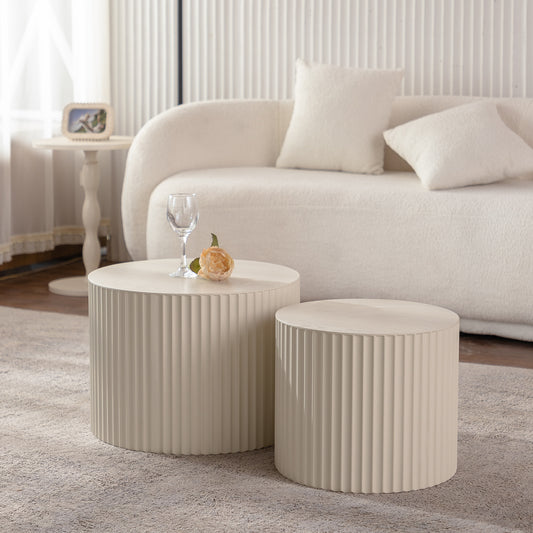 Set of 2 Beige Nesting Coffee Tables: Modern Drum - Shaped for Living Room