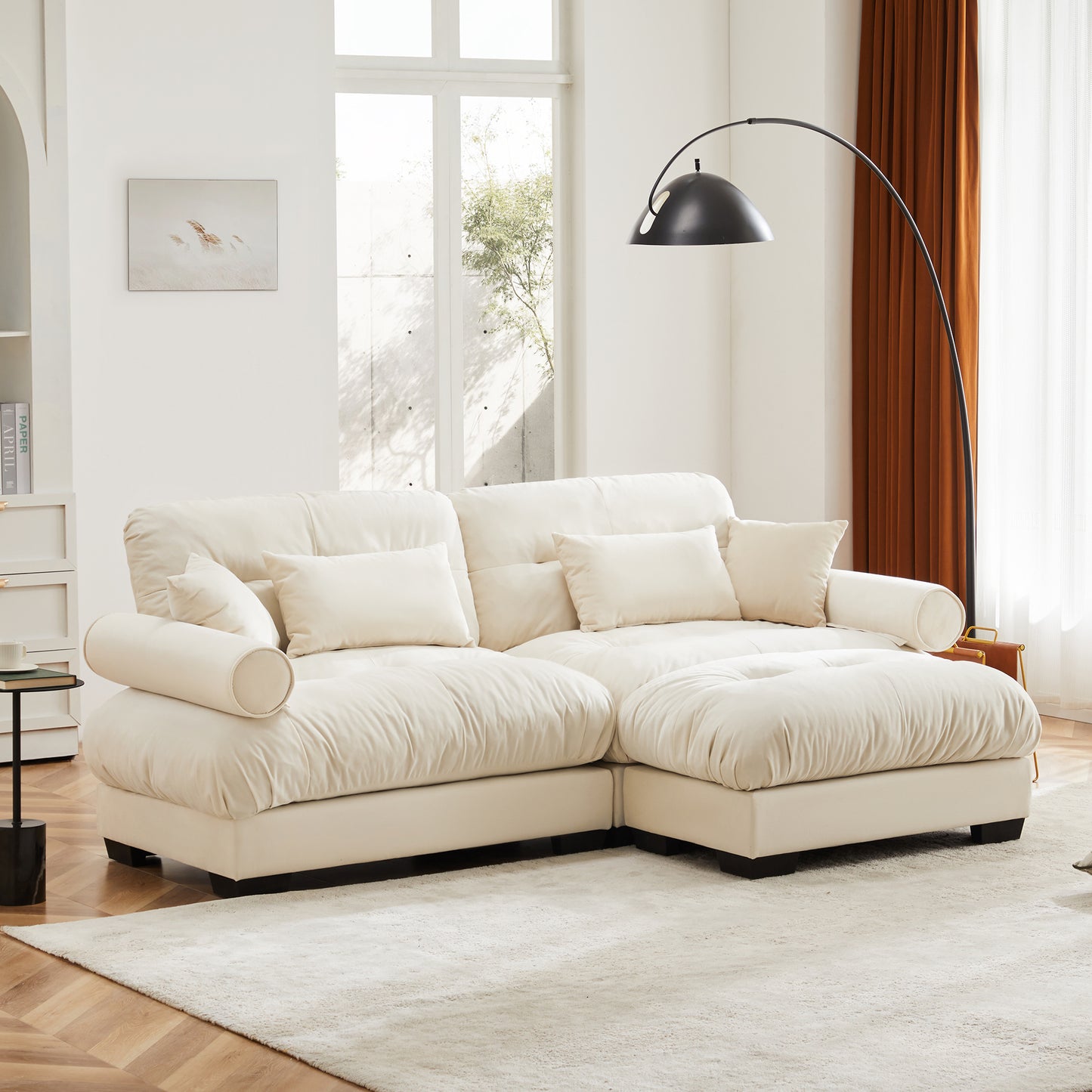 Deep Seat Cloud Couch in Cream: Modular Velvet Sectional with Bolstered Armrests 2-3-4 seats