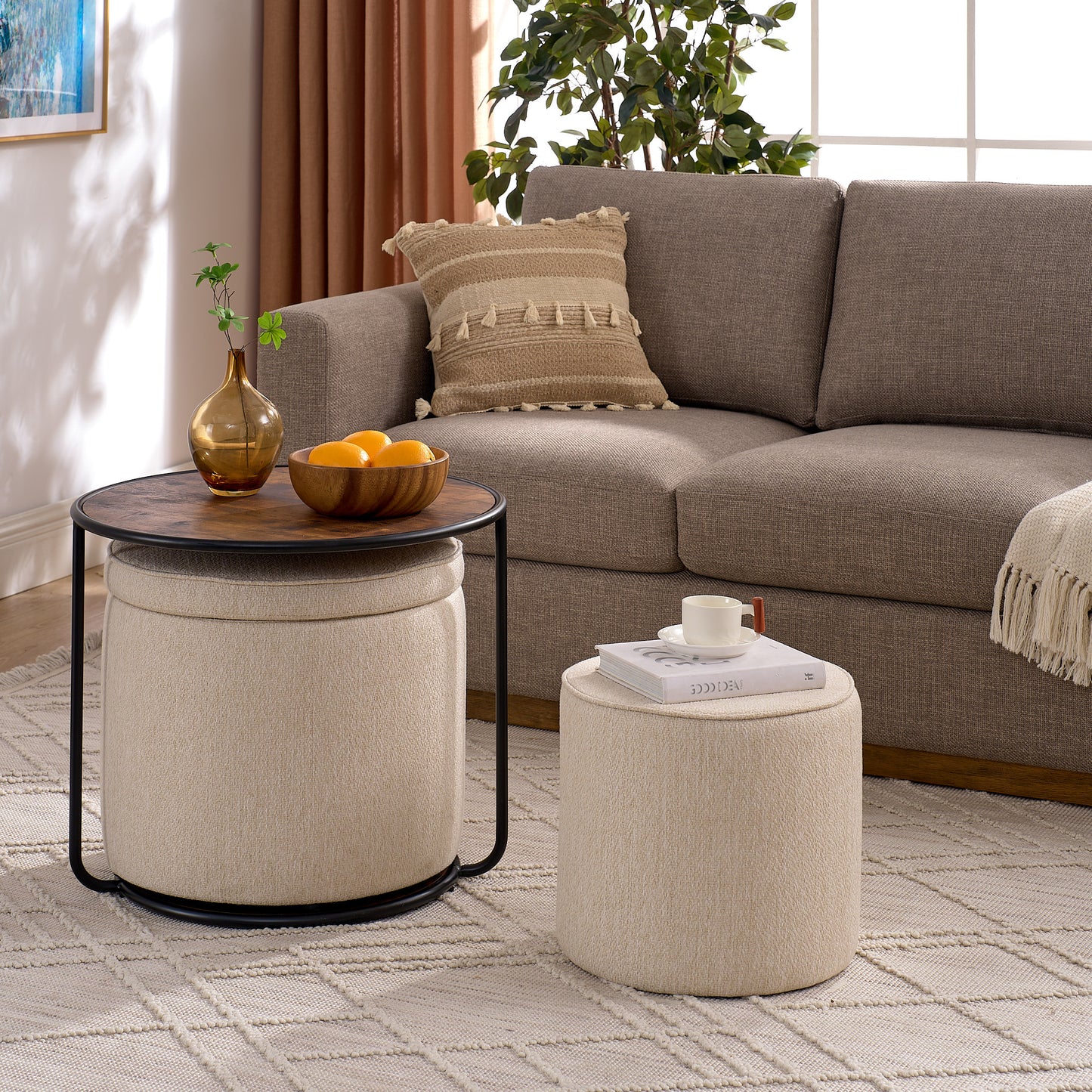 Multi-functional combination set table Ottoman with drum stool, with storage space Set of 3