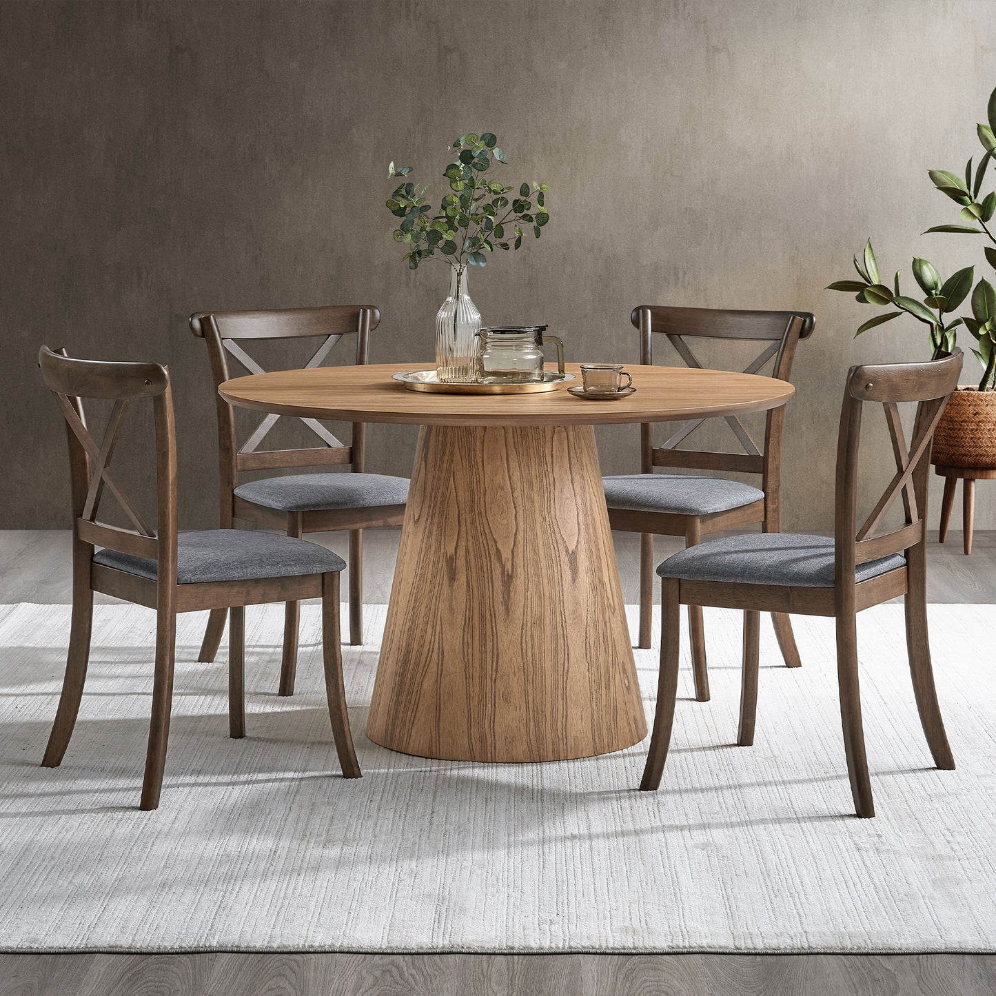 Modern Round MDF Wooden Dining Table and Boucle Upholstered Chair Ensemble