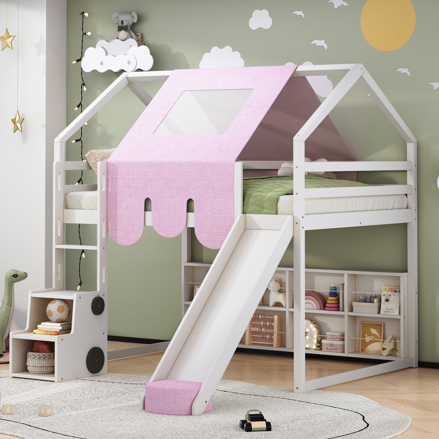 Wooden Loft Bed with House - Shaped Frame and Tent: Ideal for Kids' Rooms