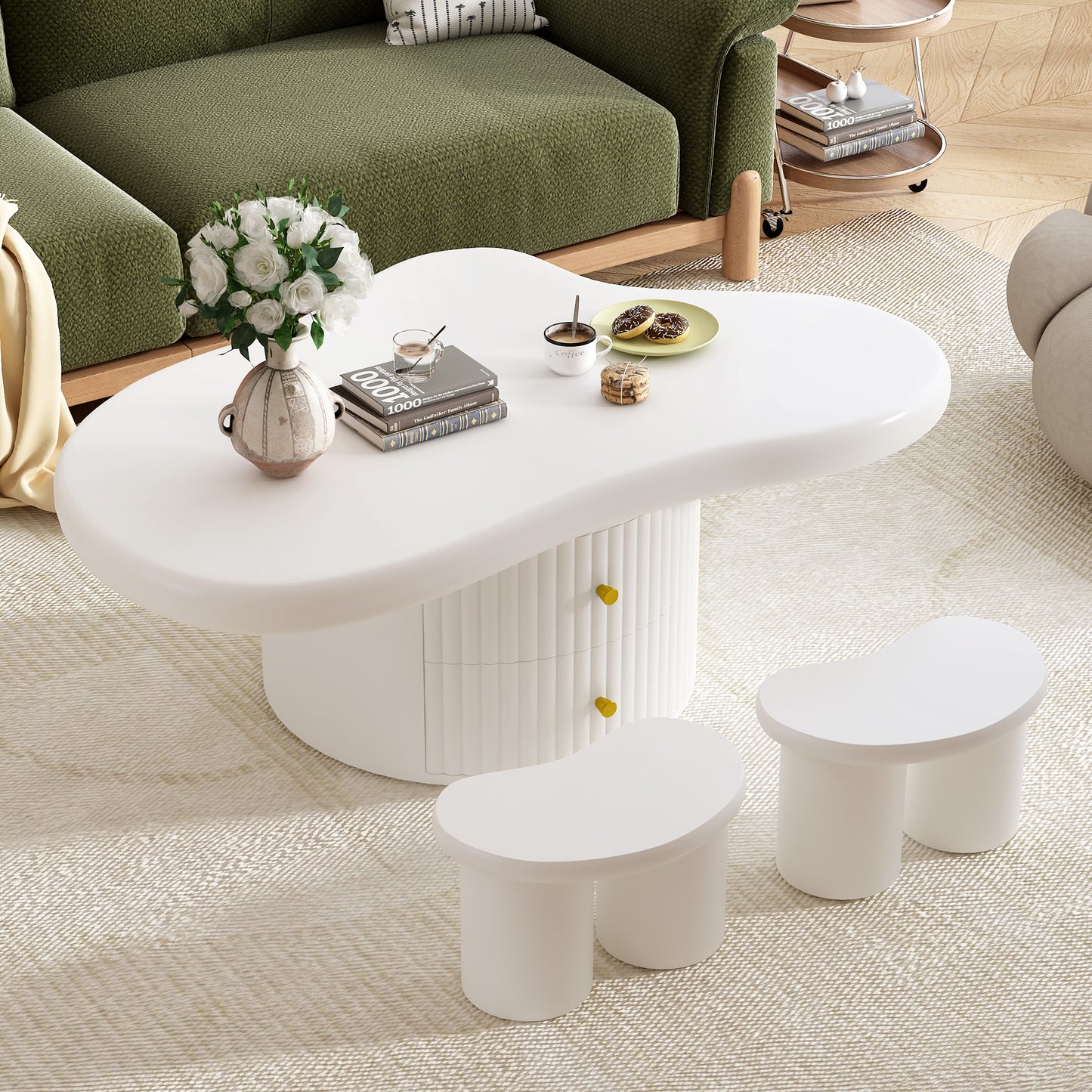 Cloud Coffee Table Set of 3: Irregular Shape, 2 Drawers & 2 Stools for Living Room