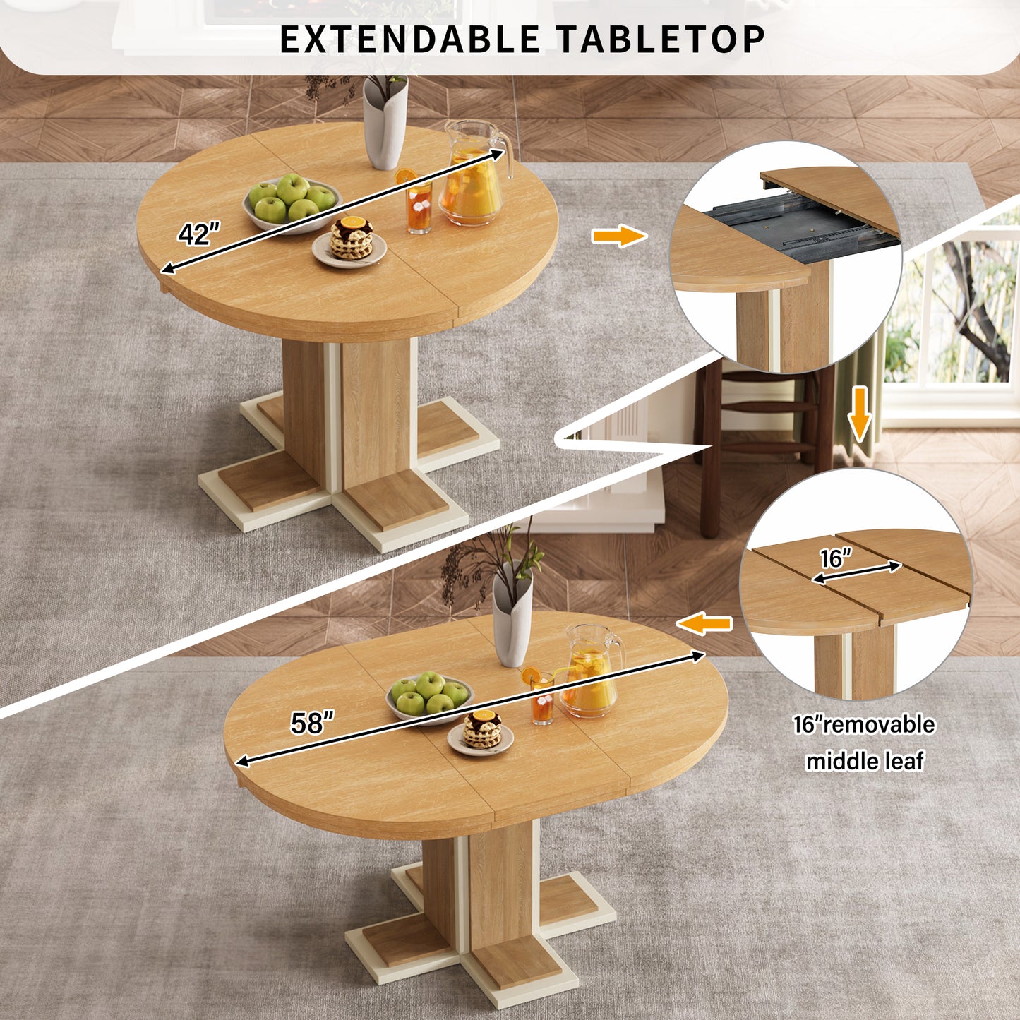 Extendable Dining Table With Double Layer Design for Kitchen, Dining Room