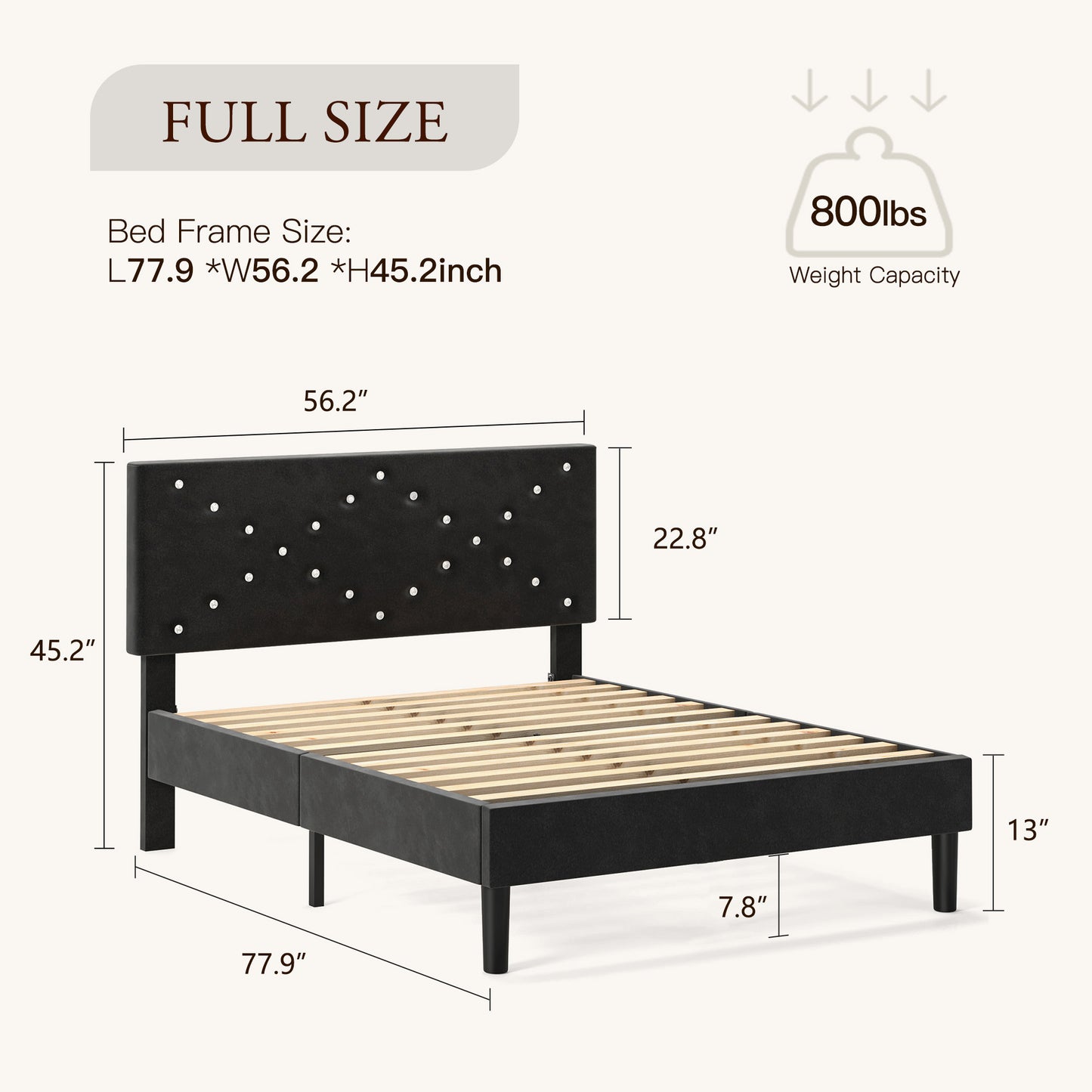 Modern Platform Bed Frame with Upholstered Headboard and Wooden Slats - Skip Box Spring, Easy Assembly