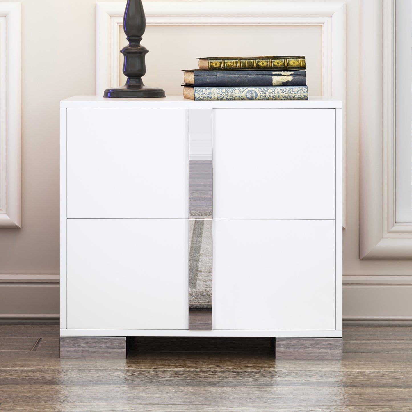 Nightstand with Metal Foot, Mirrored Bedside Table with 2 Drawers for Bedroom, Living Room
