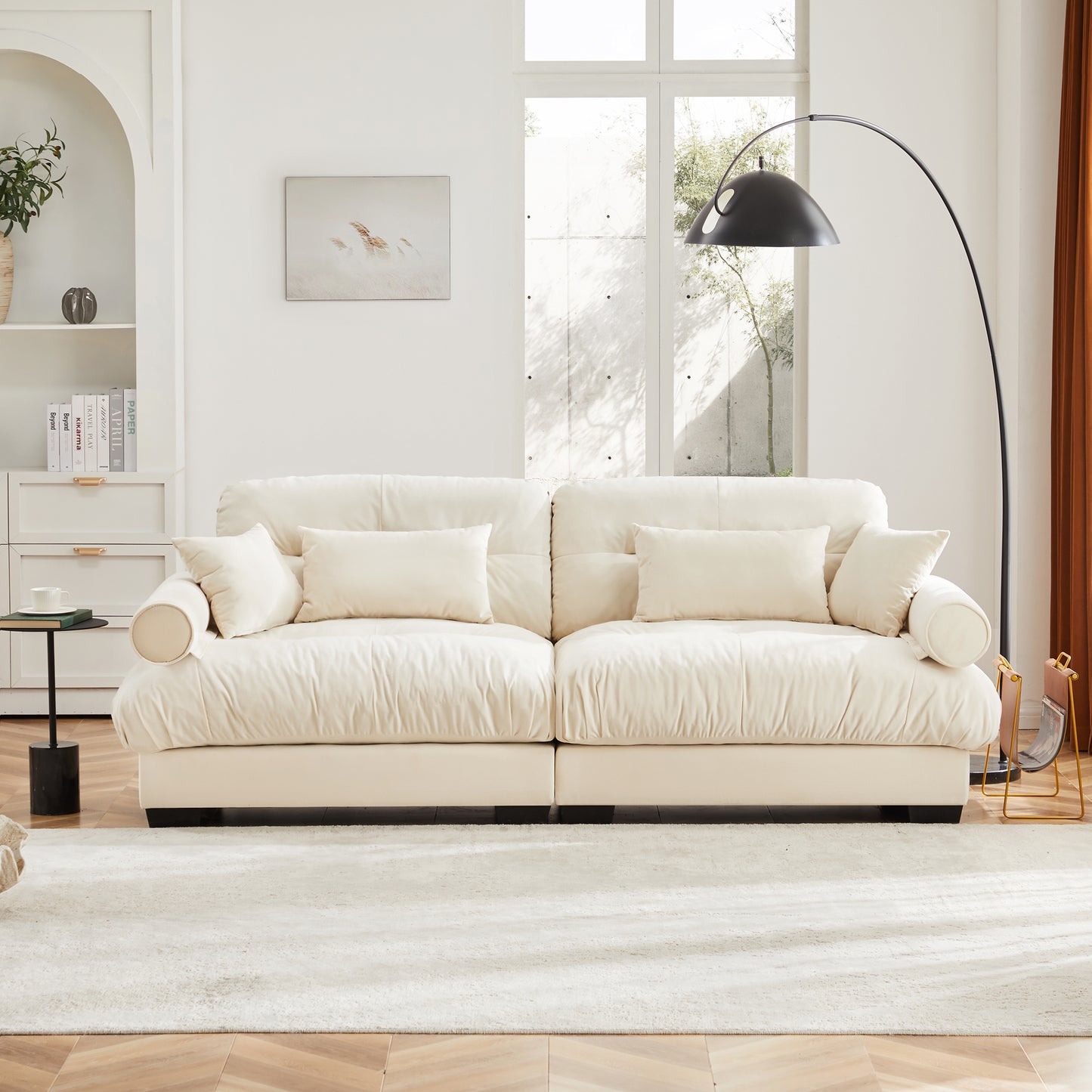 Deep Seat Cloud Couch in Cream: Modular Velvet Sectional with Bolstered Armrests 2-3-4 seats