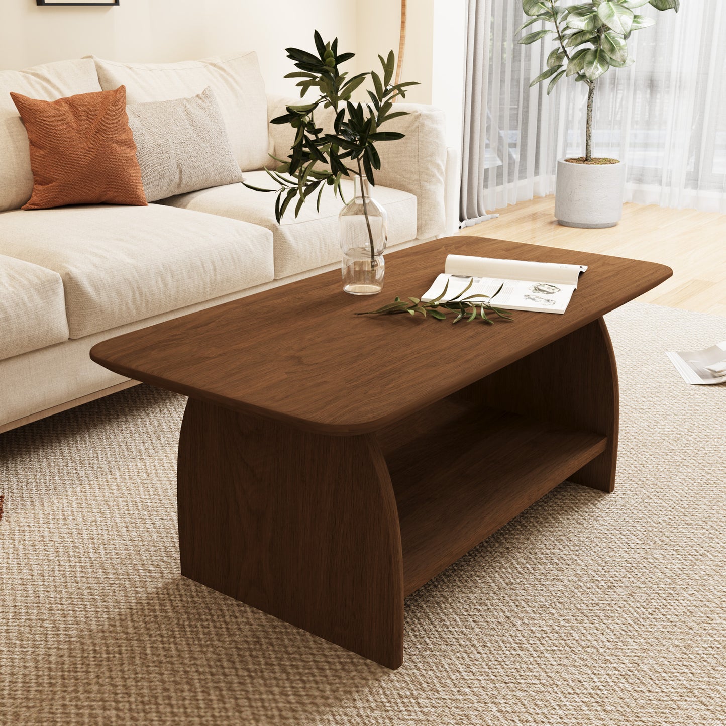 Double-layer rectangular coffee table with storage function, rounded corner design, MDF material