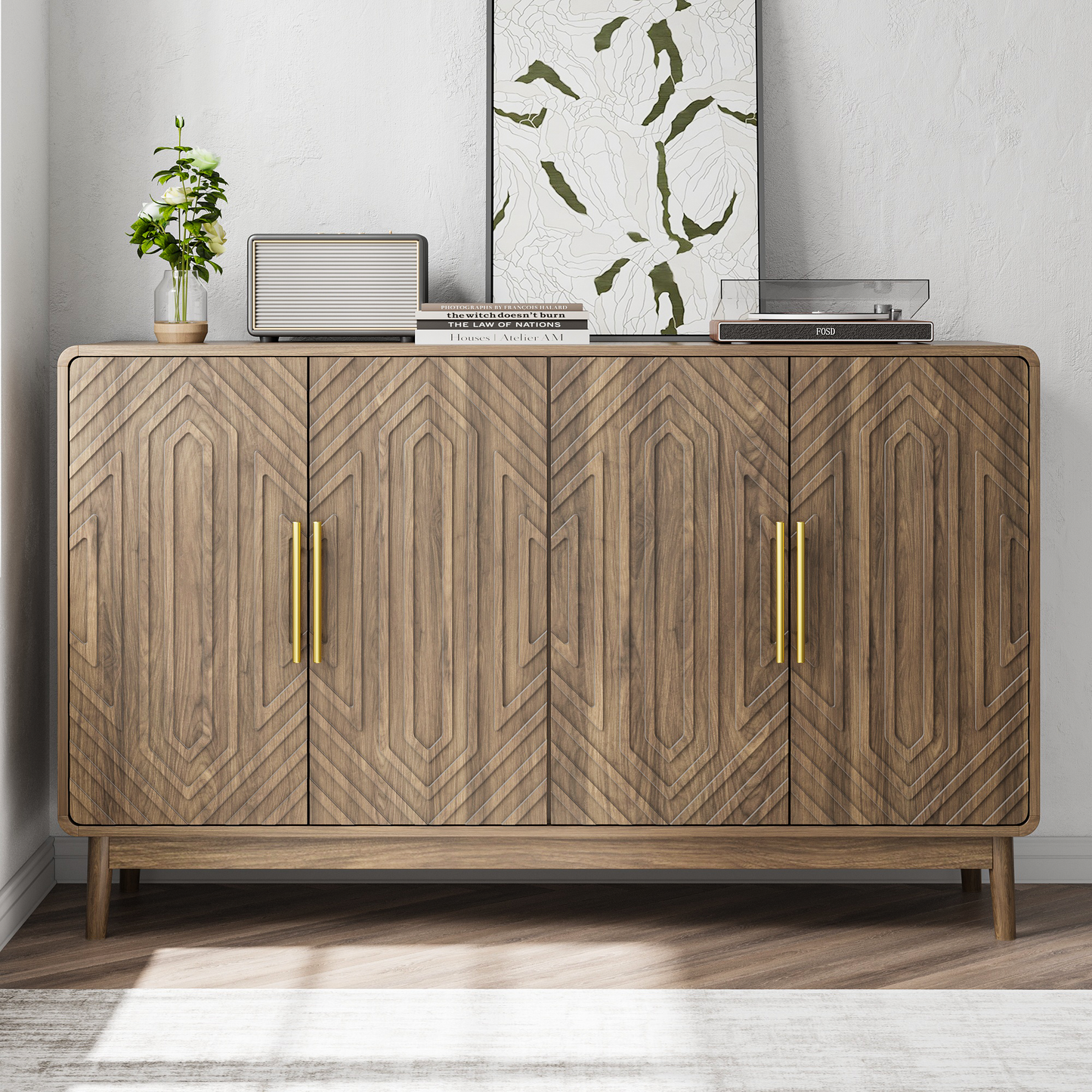 Carved 4 Door Sideboard,Multifunctional Accent Cabinet With Adjustable Layer Board For Living Room, Entryway, Hallway, Office, Kitchen and Dining Room