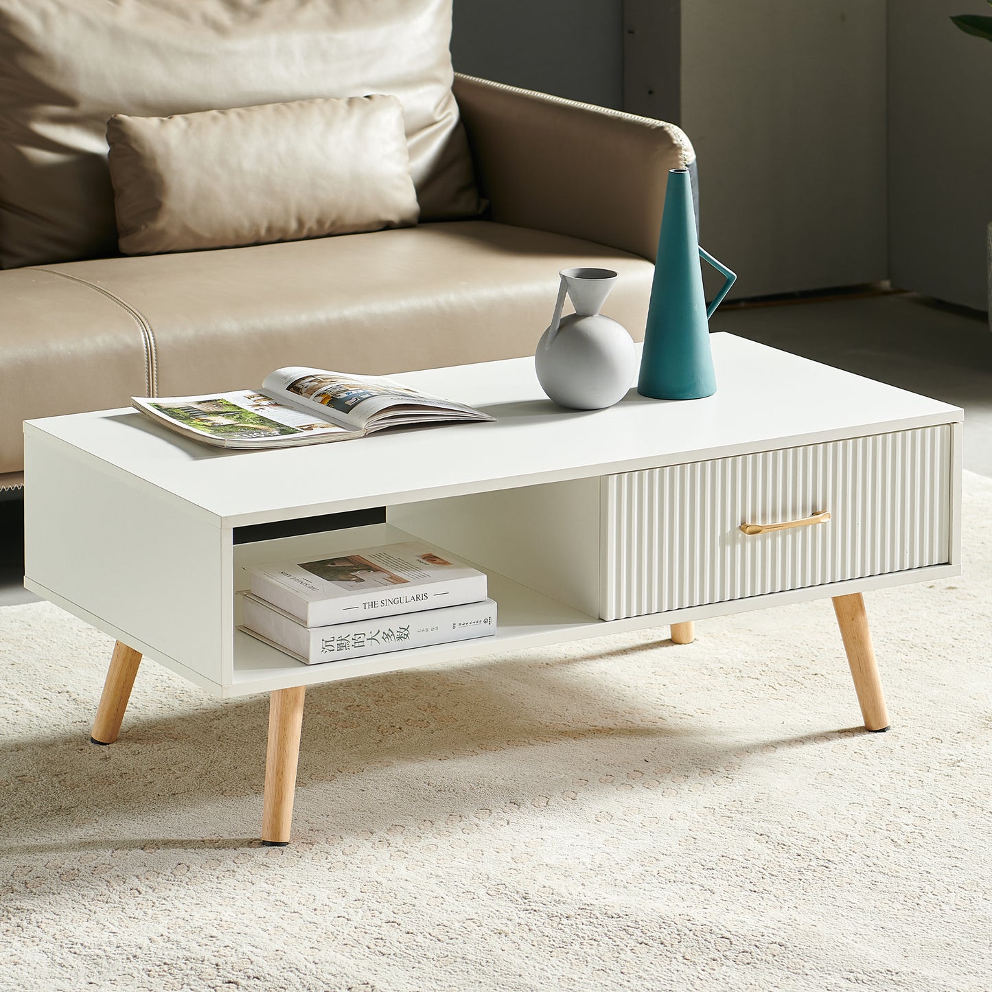 Coffee Table with Sliding Drawer: Rectangle Design, Solid Wood Legs-6 Colors