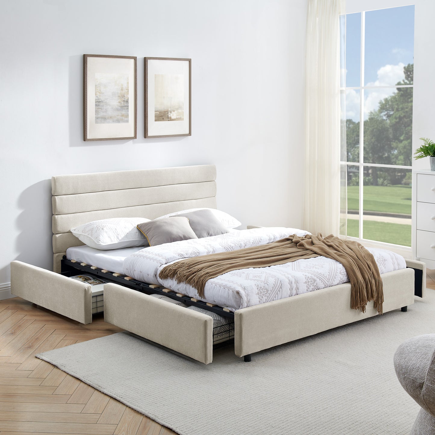 Comfortable Cushioned Bed Frame with Drawers: Headboard & Solid Build 3Colors
