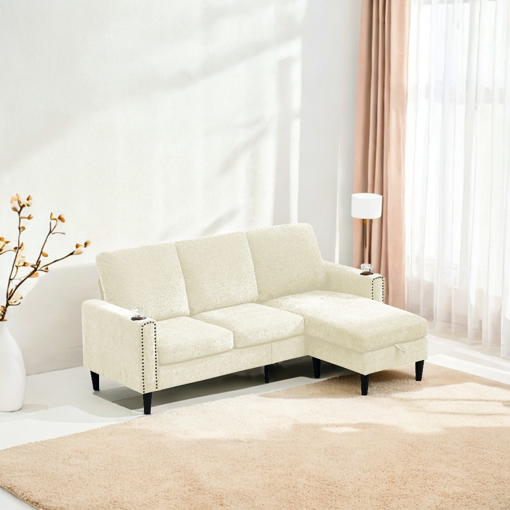 Chenille 3 Seat L-Shape Sectional Sofa with Storage Chaise