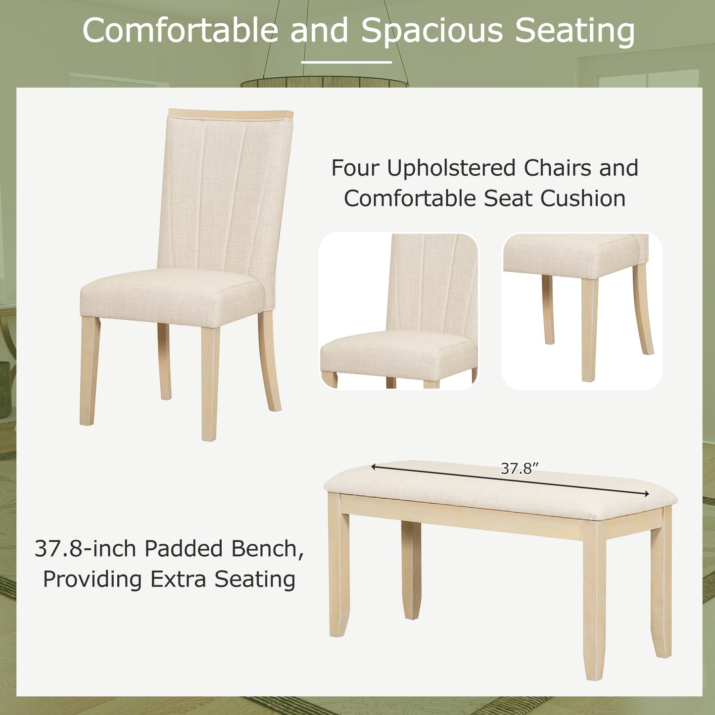 6-Piece Contemporary 78-Inch Extendable Pedestal Dining Table Set with Removable Leaf & Dining Bench