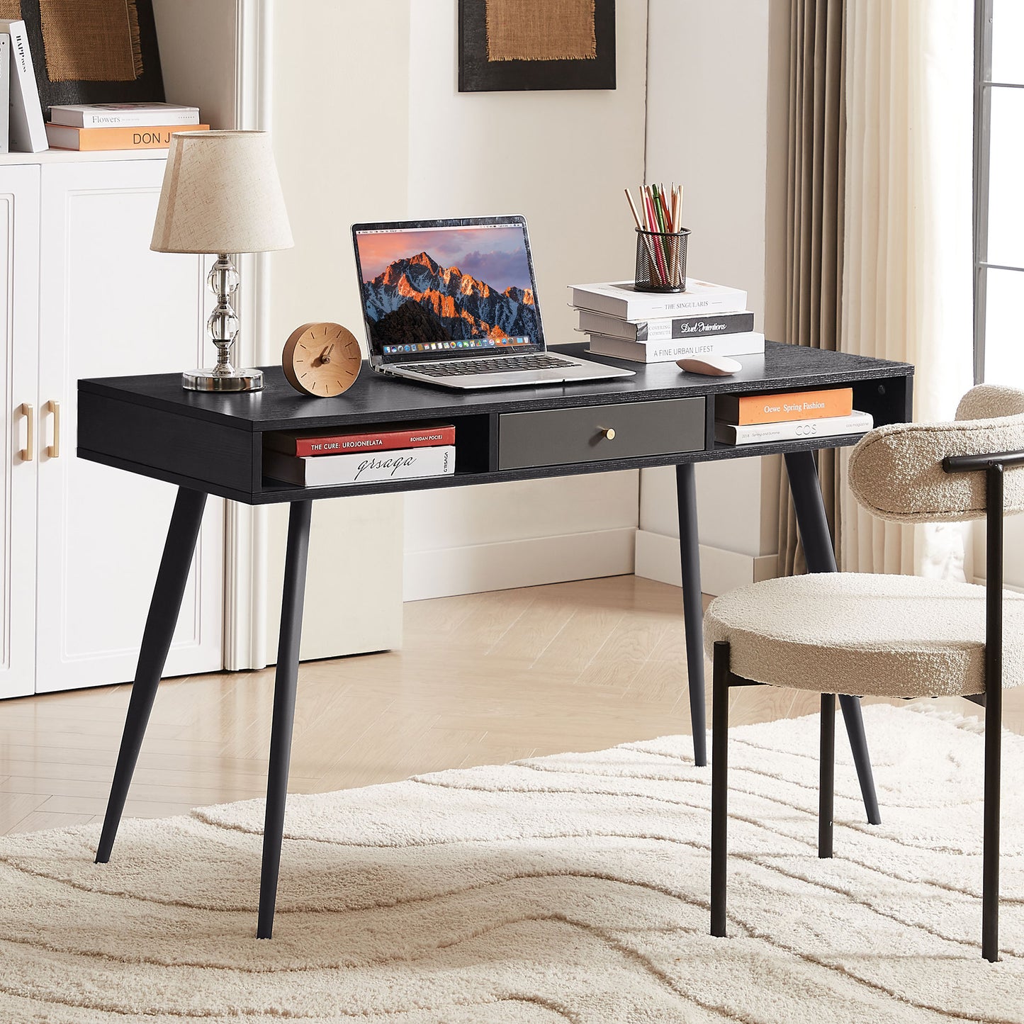 Mid - Century Modern Desk: USB Ports, Power Outlet, Drawers for Home Office