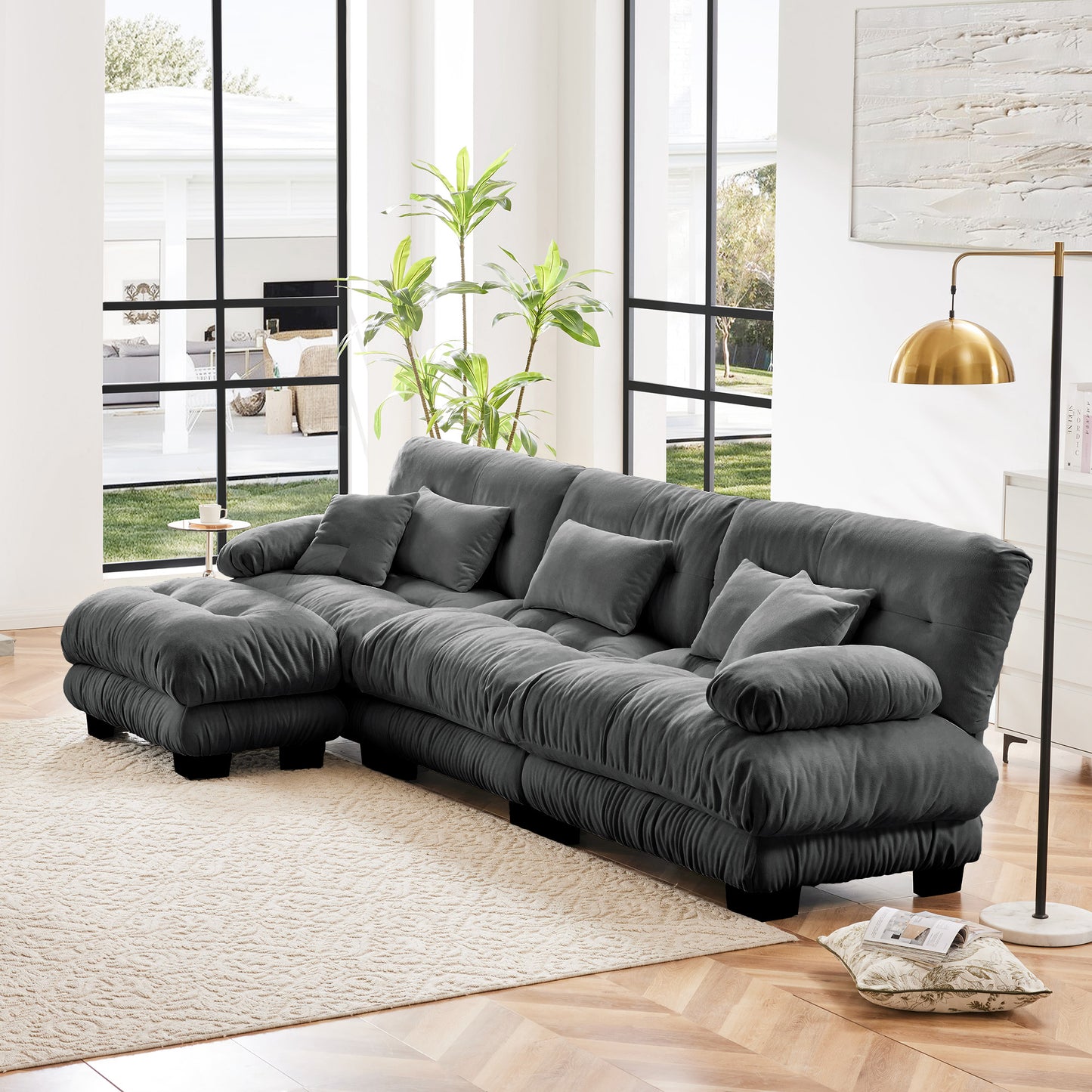Chenille Cloud Couch: 2 - 4 Seater L - Shape Sofa for Living Room with Pillows
