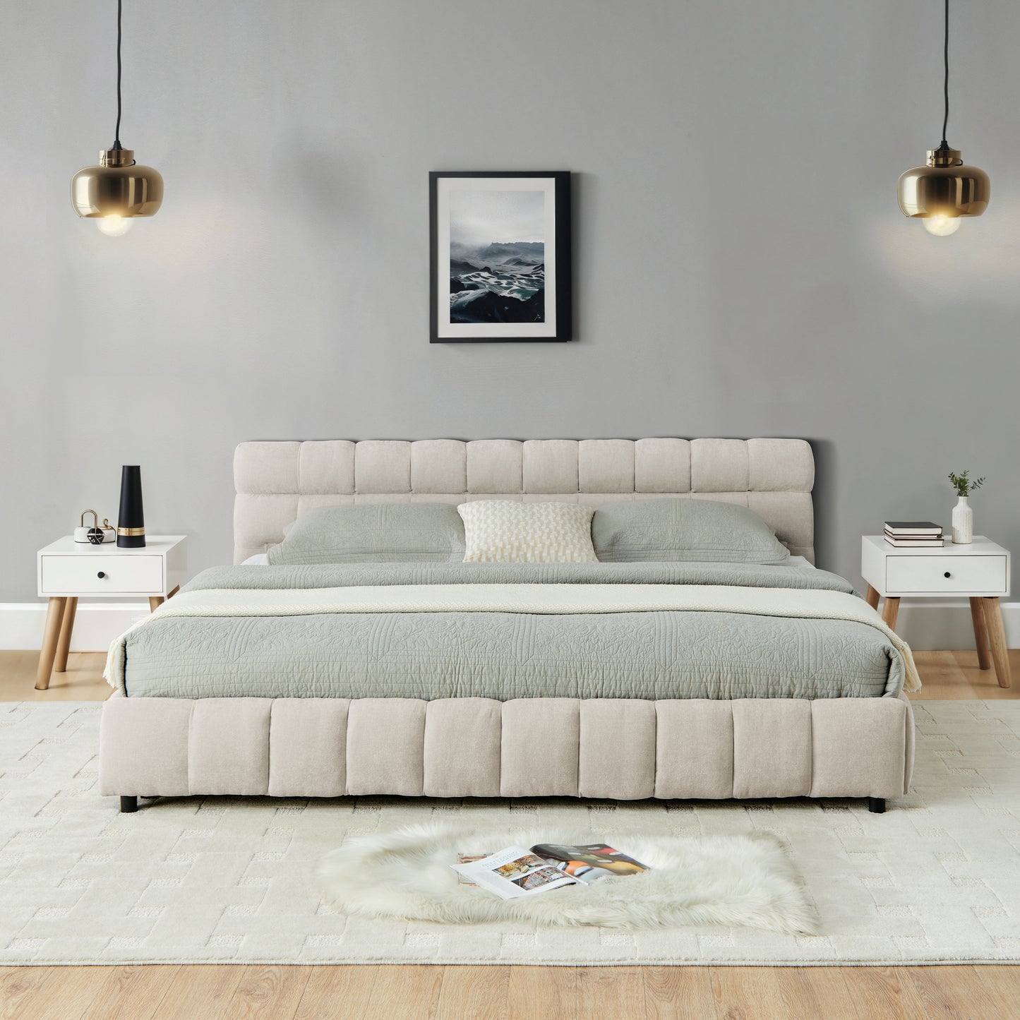 California King size Upholstered Bed Frame, Chenille fabric with headboard and solid bed frame. With drawer for storage