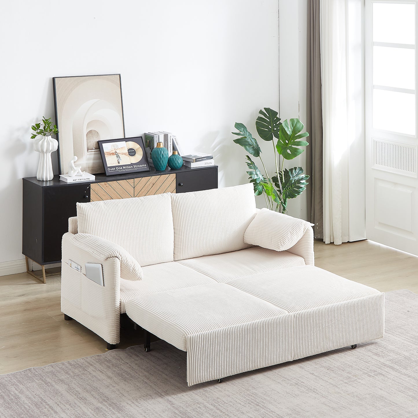 Sleeper Sofa Bed 3-in-1 Adjustable Sleeper with Pullout Bed, 2 Pillows and Side Pockets – Corduroy Loveseat