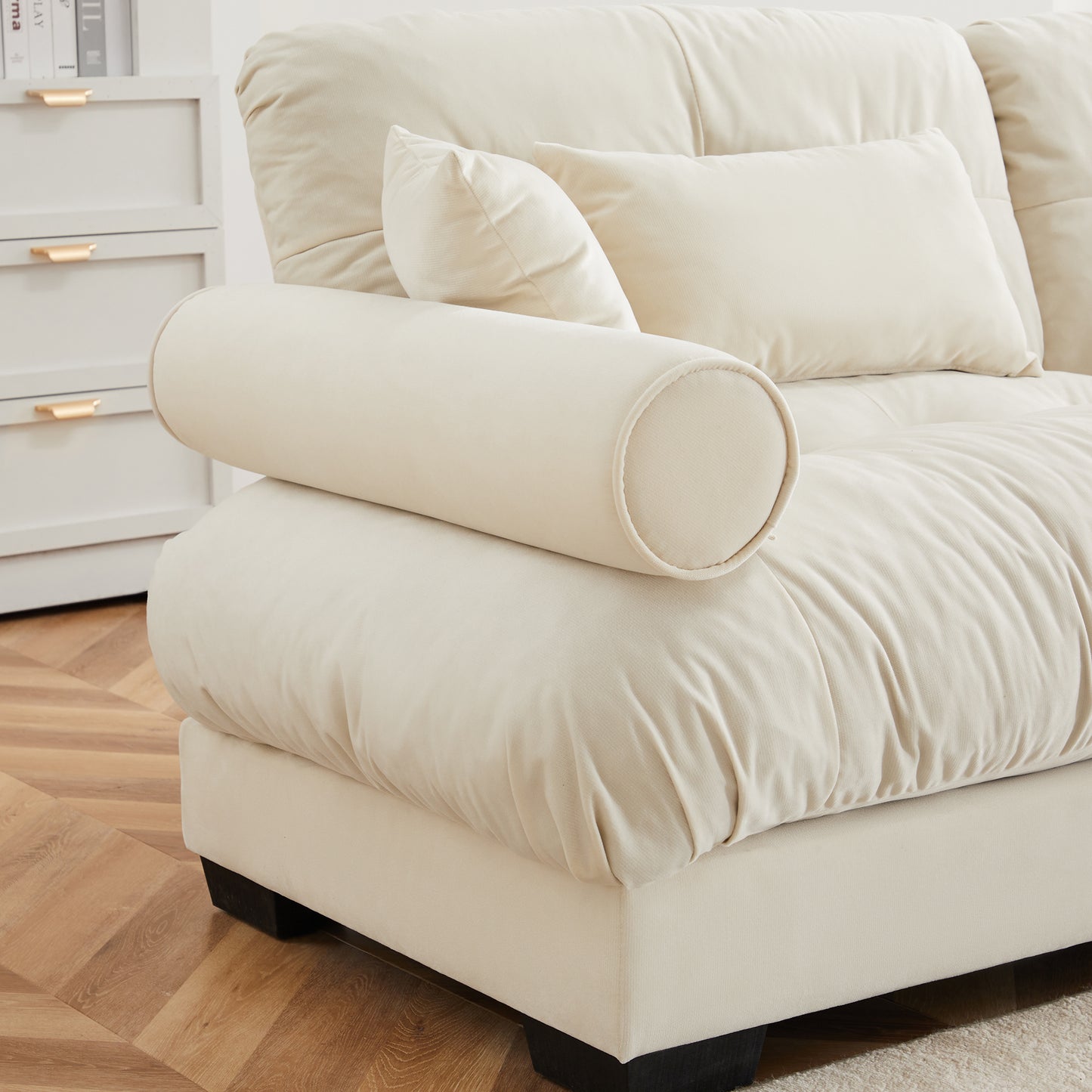 Deep Seat Cloud Couch in Cream: Modular Velvet Sectional with Bolstered Armrests 2-3-4 seats