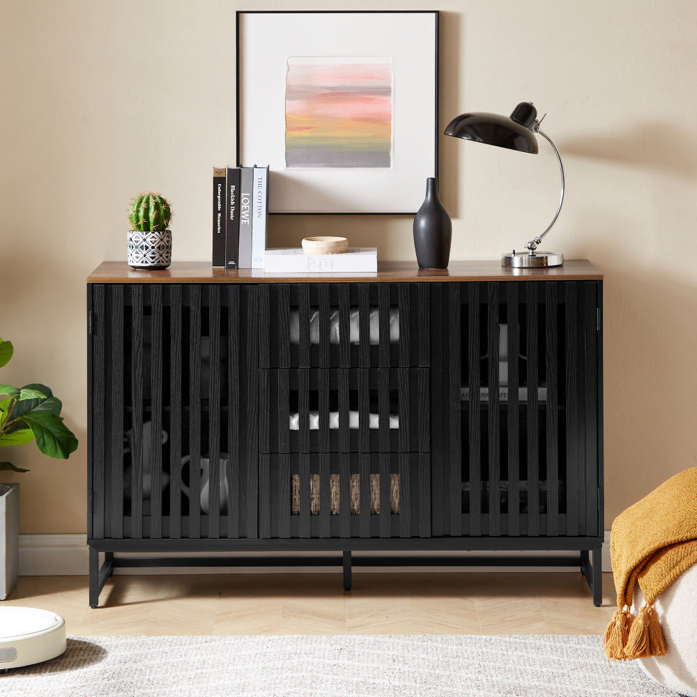Modern Style Cabinet With Slatted Grille Striped Drawer & Door And Metal Leg