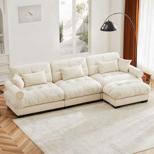 Deep Seat Cloud Couch in Cream: Modular Velvet Sectional with Bolstered Armrests 2-3-4 seats