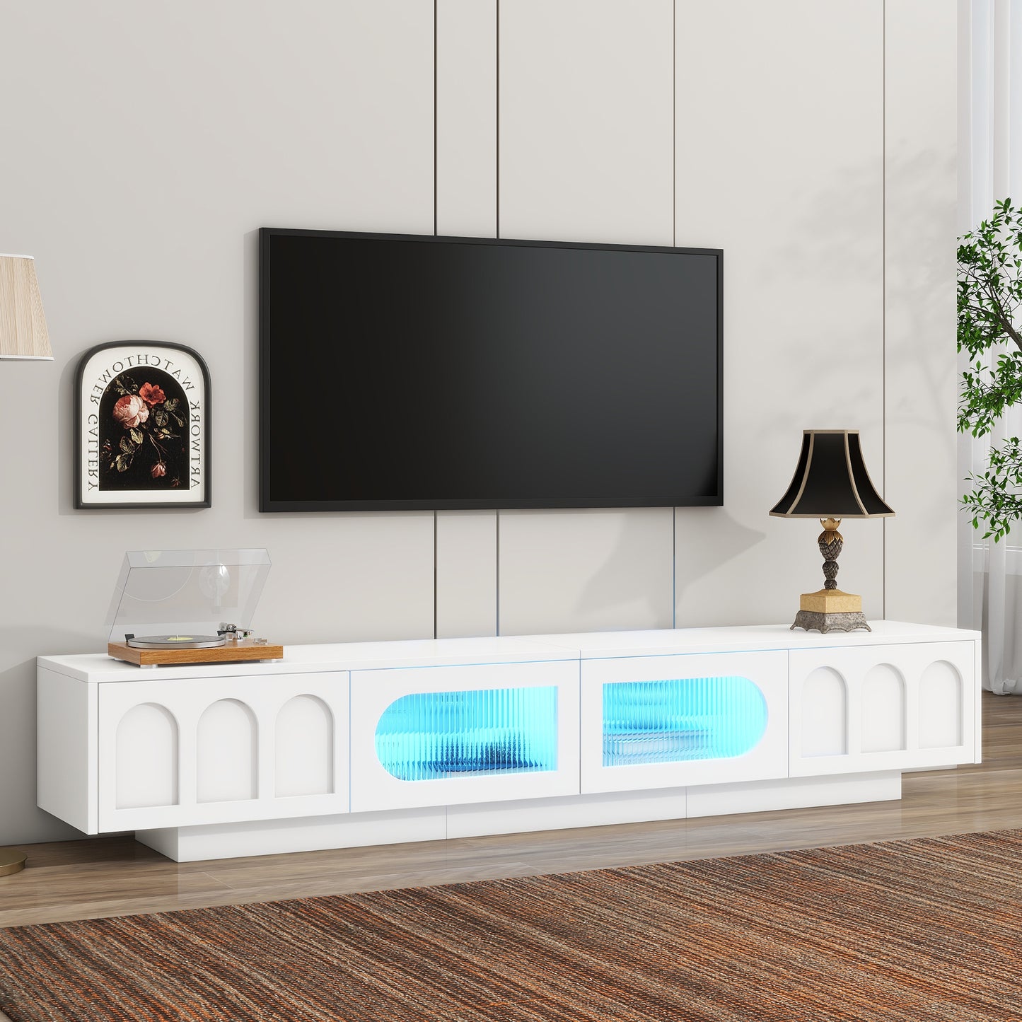 TV Stand with Fluted tempered Glass Doors for TVs Up to 95''Entertainment Center with APP-Controlled LED Light