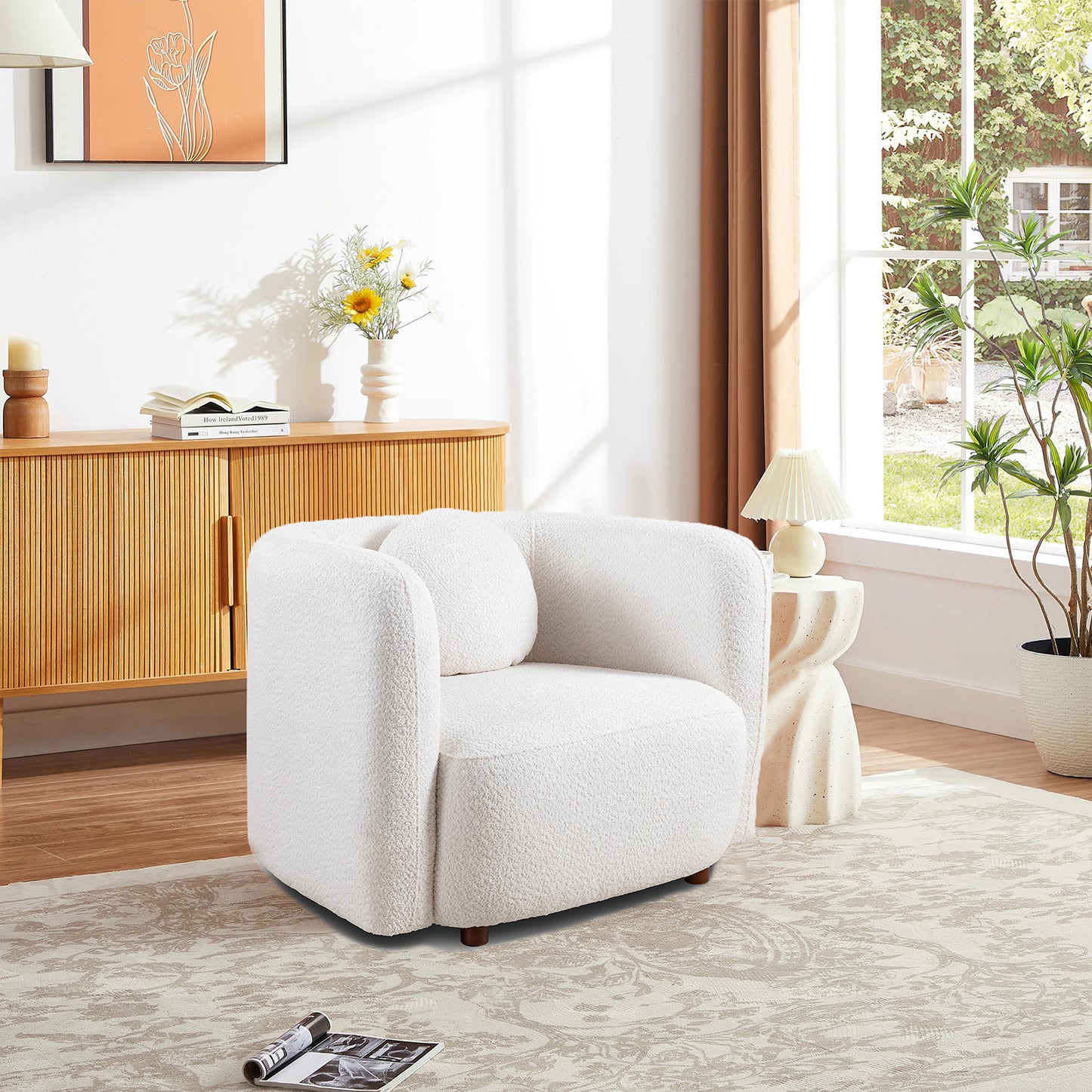 Accent Square Sofa Chair: Boucle - Upholstered Japandi Style for Living Room White