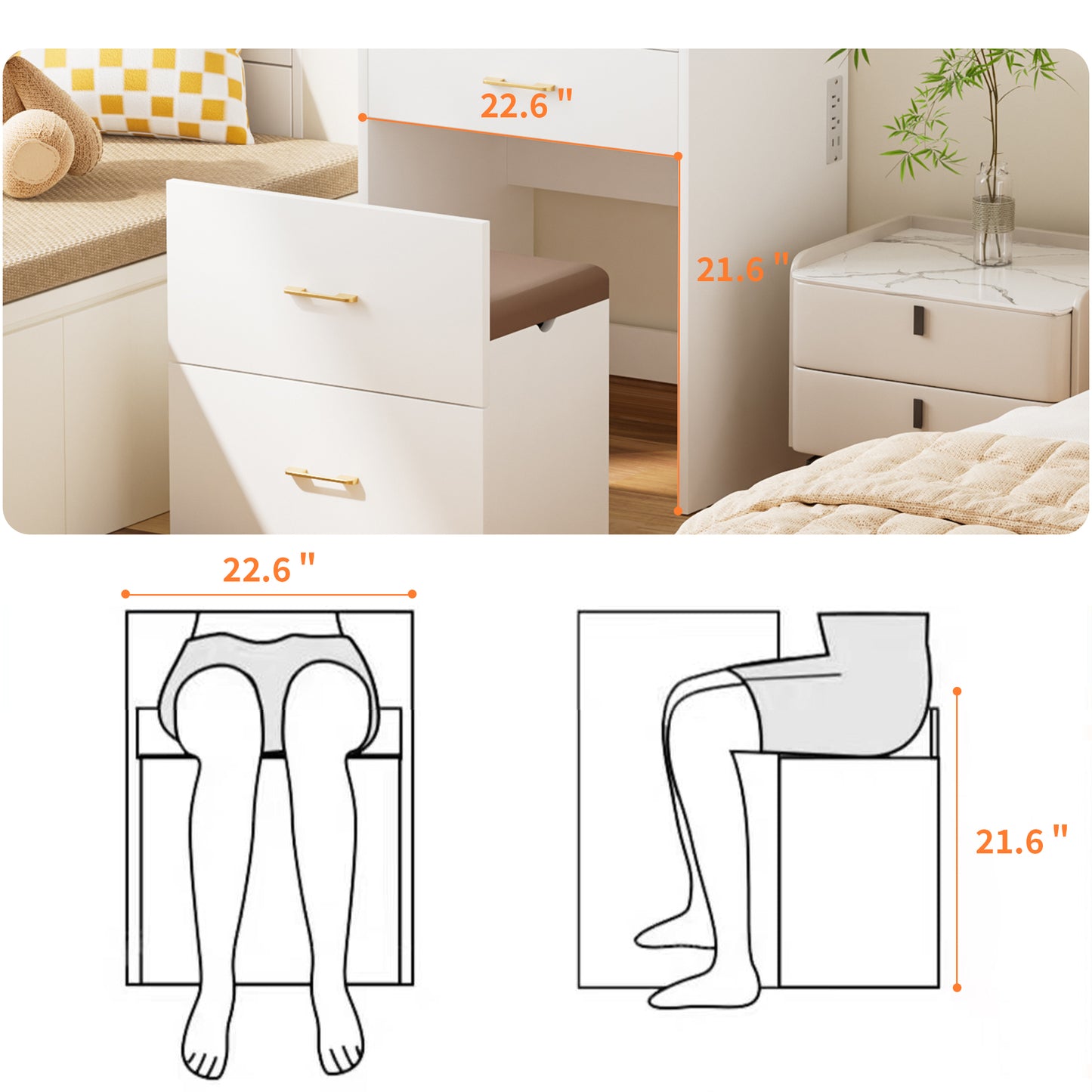 23.6'' Wide Makeup Vanity Table: Flip - Top Lighted, 3 - in - 1 with Storage Stool, Glass, LED, Power Outlet