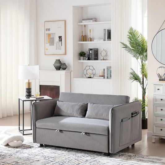 Velvet 3 in 1 Convertible Sleeper Futon Sofa Bed, Small Loveseat Lounge Couches with 2 Pillows, Reclining Backrest, Side Pockets