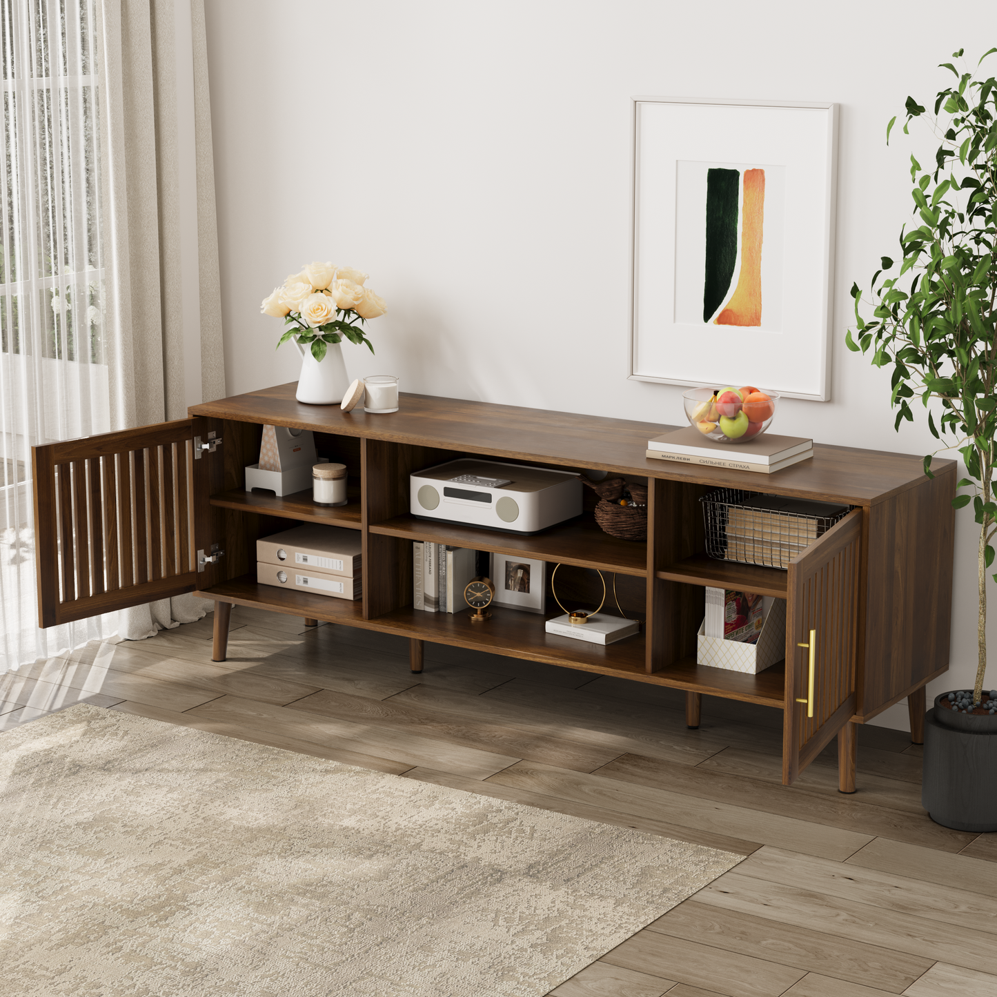 63 - Inch TV Stand with 2 Grille Door Cabinets and Adjustable Storage Rack - Ideal for 55/65/70 - Inch TVs in Medieval Modern Interiors - Walnut Wood Entertainment Center