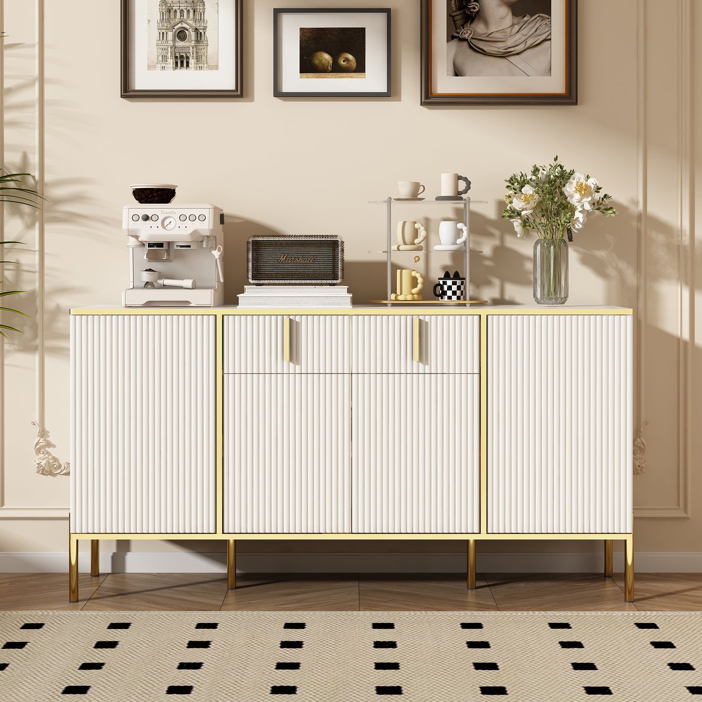 Modern Sideboard Cabinet - 4 Doors, 2 Drawers, White