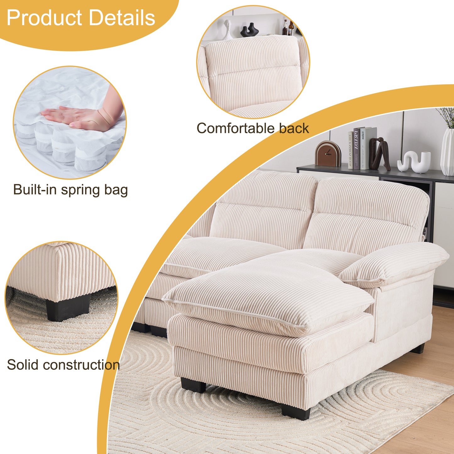 U - Shaped Corduroy Modular Sofa: 2 Single Seats + 2 Chaises for Spacious Comfort Beige