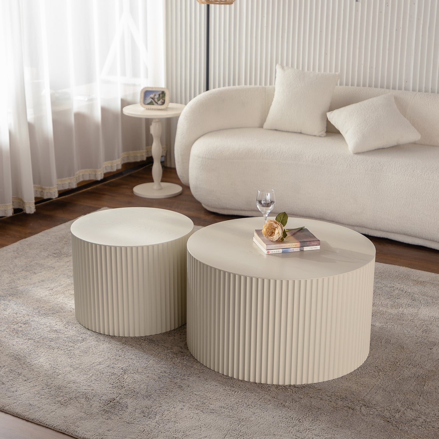 Set of 2 Beige Nesting Coffee Tables: Modern Drum - Shaped for Living Room