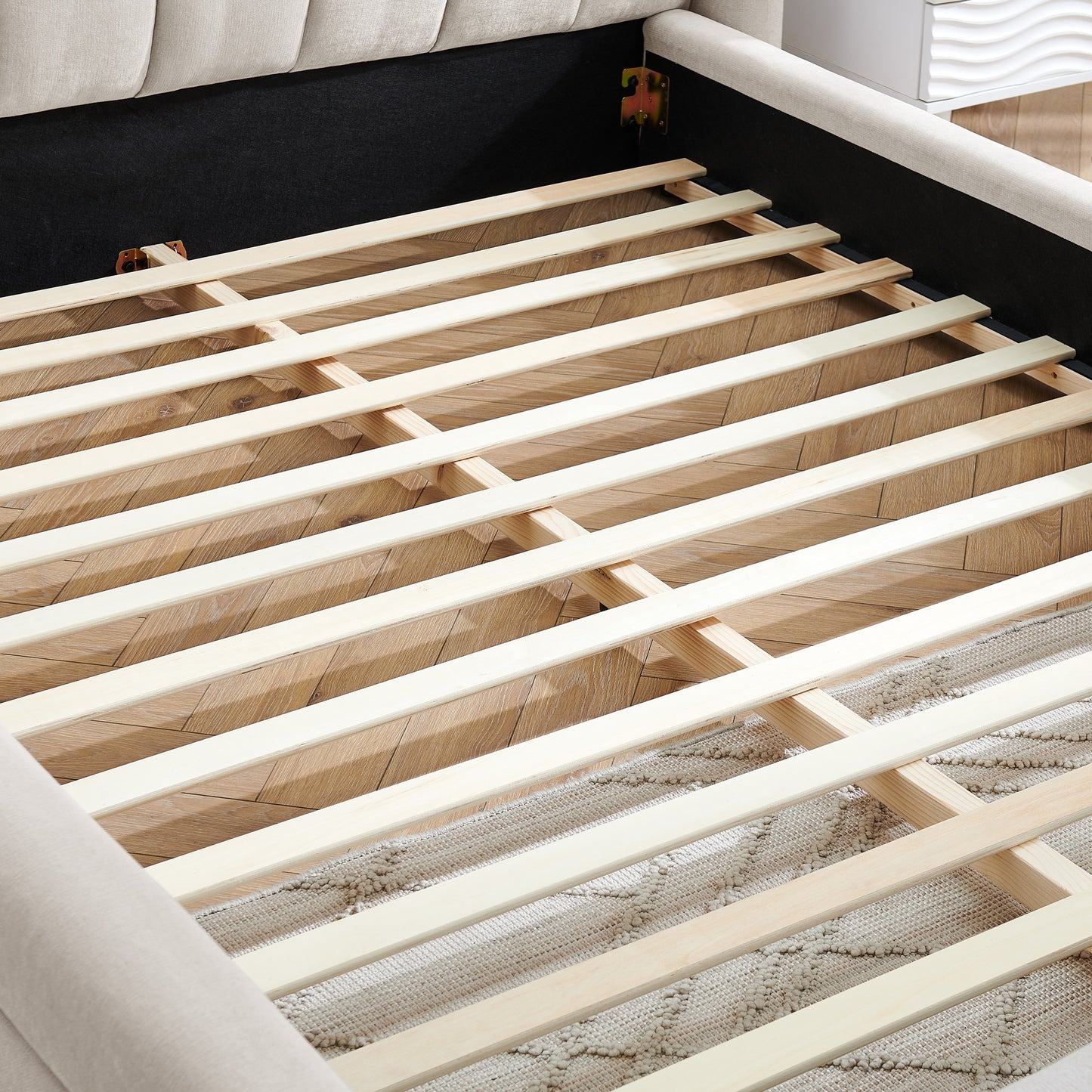 Queen Size Upholstered Bed Frame: Thick Chenille Fabric, Headboard & Solid Frame 3 Color