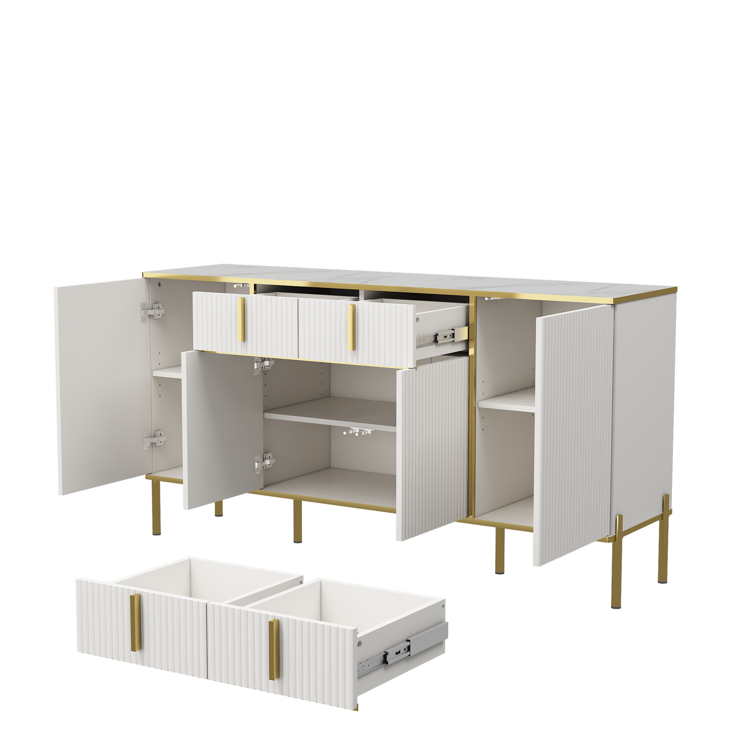 Modern Sideboard Cabinet - 4 Doors, 2 Drawers, White