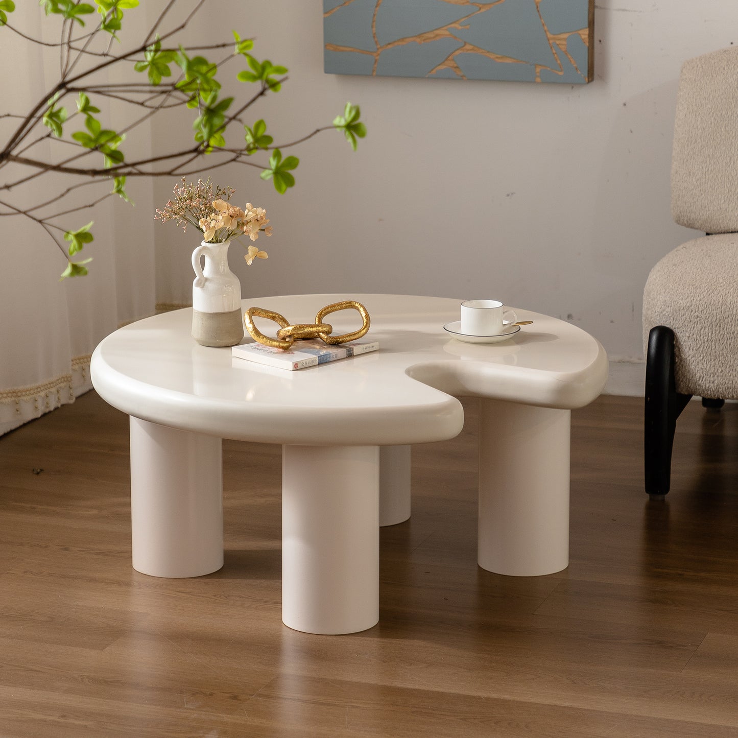 Circular Beige Cream Coffee Table Set Easy Assembly for Living Room