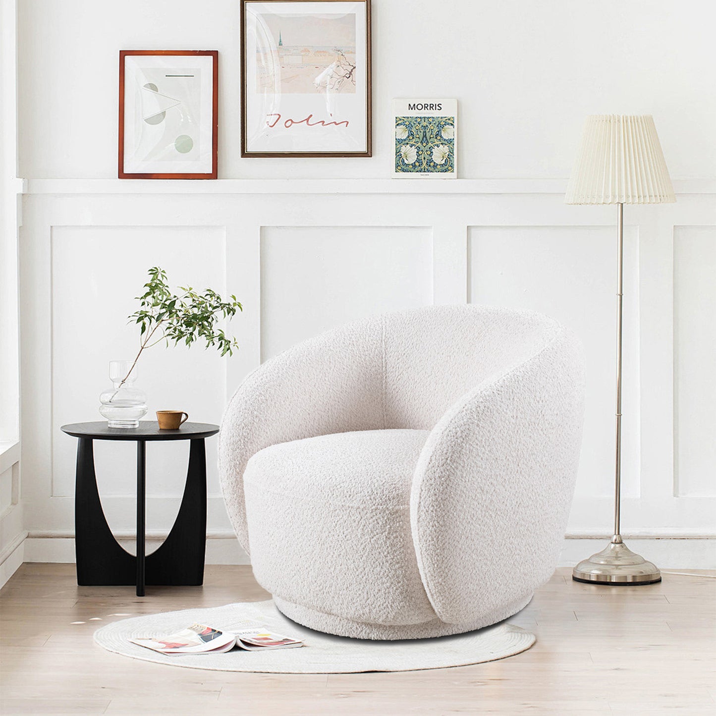 Swivel Accent Chair: Boucle Fabric Upholstered Barrel Chair for Living Room