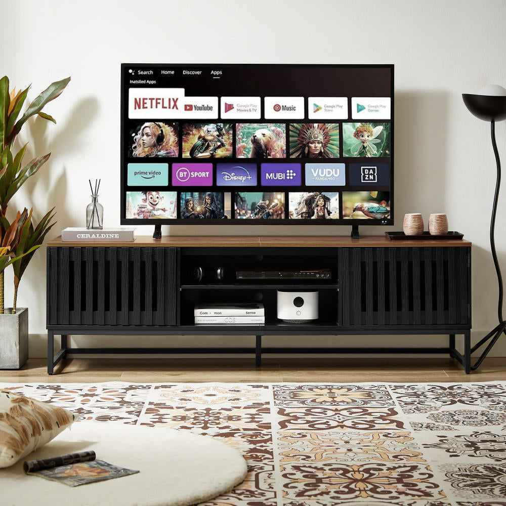 Mid - Century TV Stand with Storage: 63 Inches, Slatted Grille Striped Doors