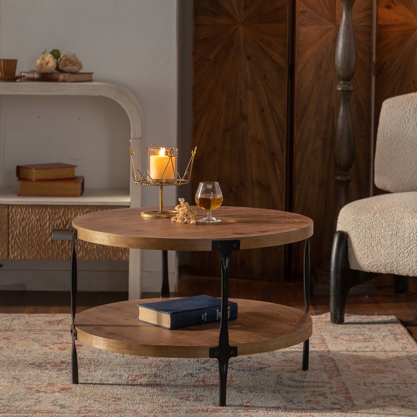 Round two-ply Coffee Table Handcrafted Relief Sturdy Pedestal Wooden