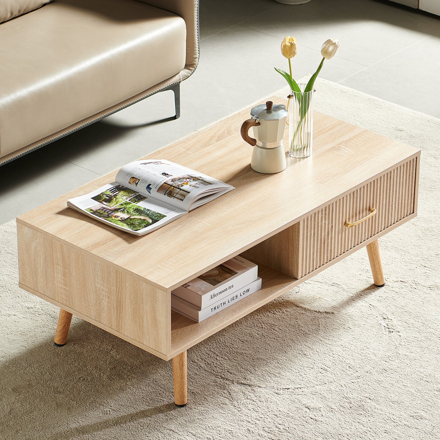 Coffee Table with Sliding Drawer: Rectangle Design, Solid Wood Legs-6 Colors