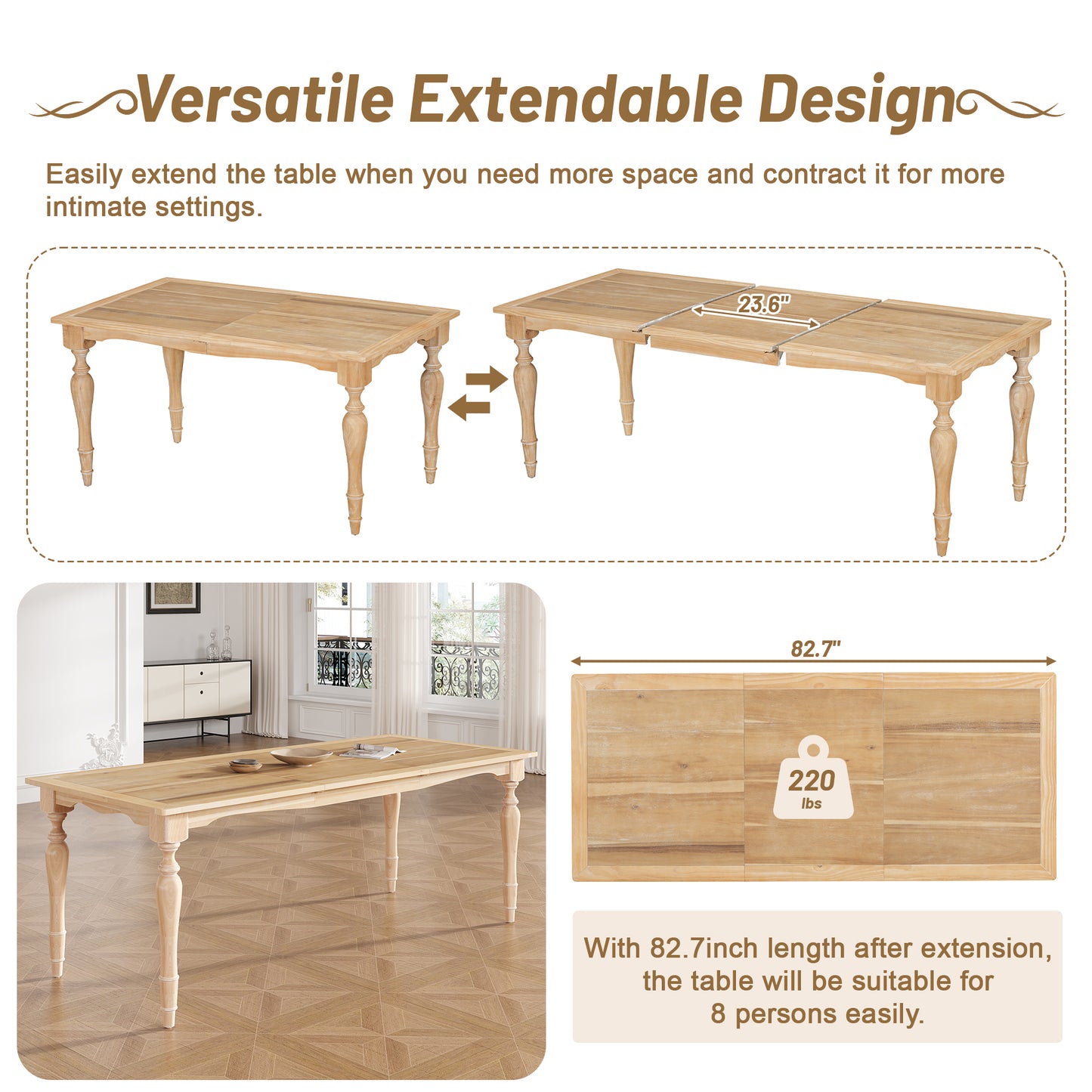 82.7inch 6-Piece Dining Table Set with 23.6inch Leaf, 50.4inch Bench and 4 Chairs