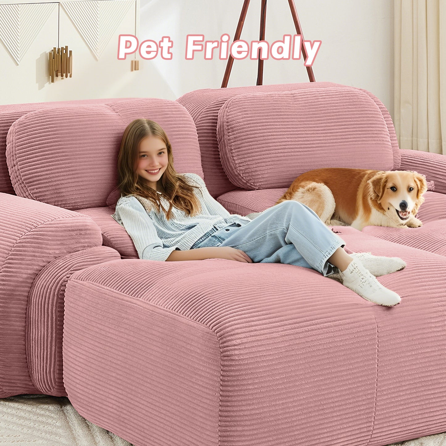 modular sofa no assembly breathable corduroy fabric 32D high-resilience sponge extra-wide curved armrests pet-friendly