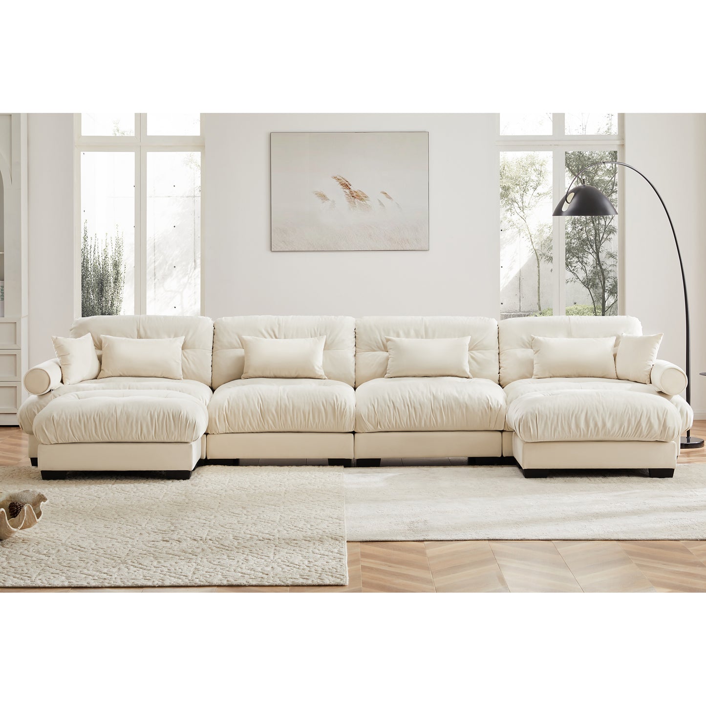 Deep Seat Cloud Couch in Cream: Modular Velvet Sectional with Bolstered Armrests 2-3-4 seats