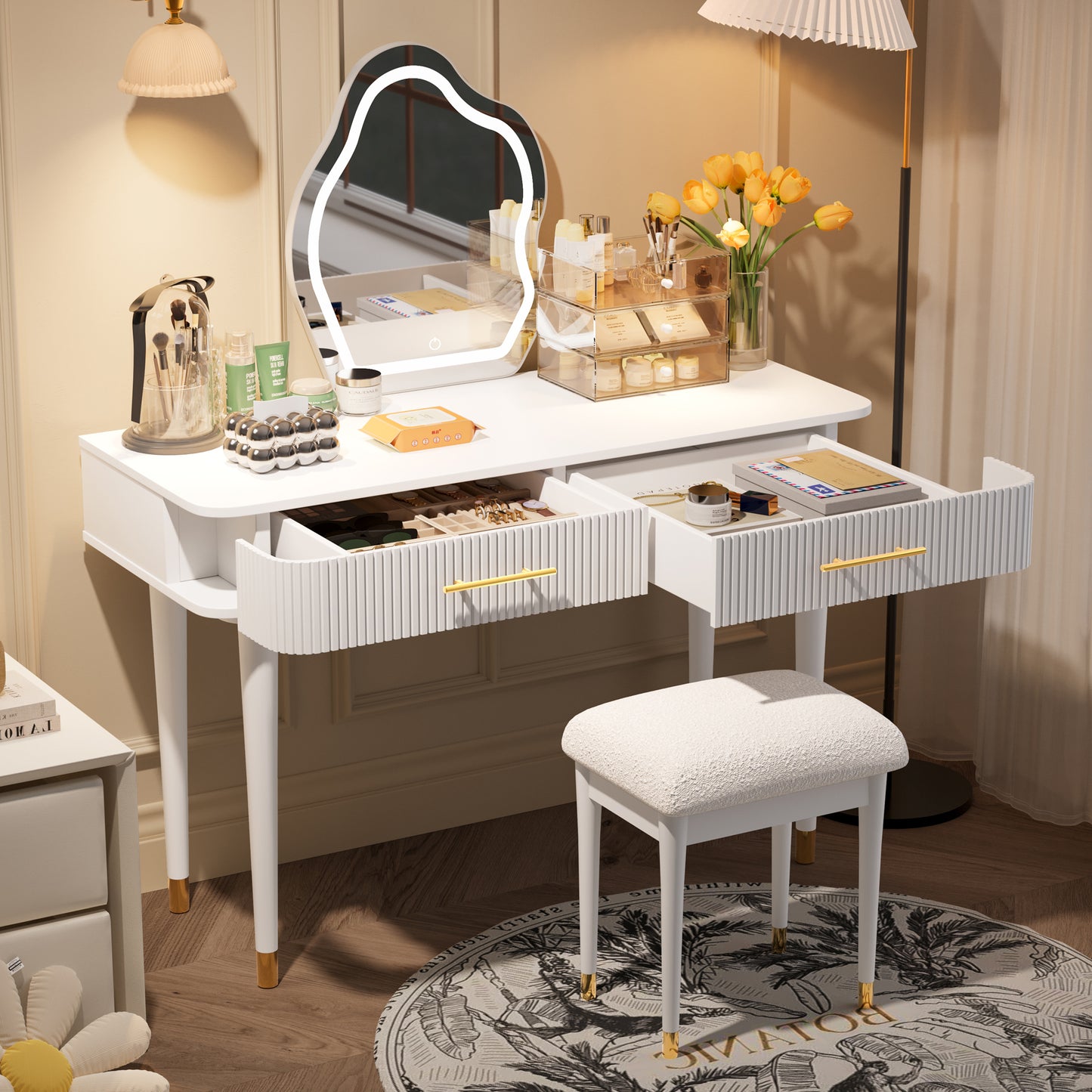 Modern Vanity Table Set: Touch - Screen Lighted Mirror, 2 Large Drawers, Cushioned Stool