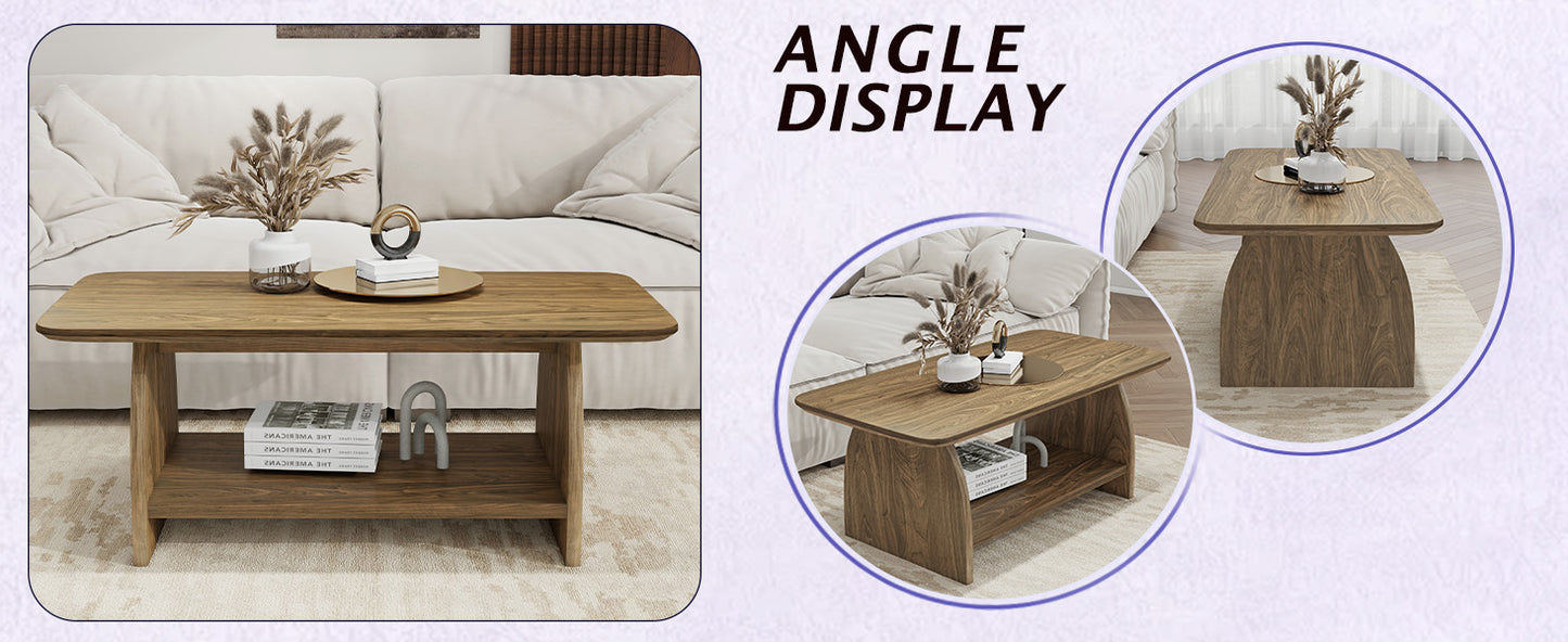 Double-layer rectangular coffee table with storage function, rounded corner design, MDF material