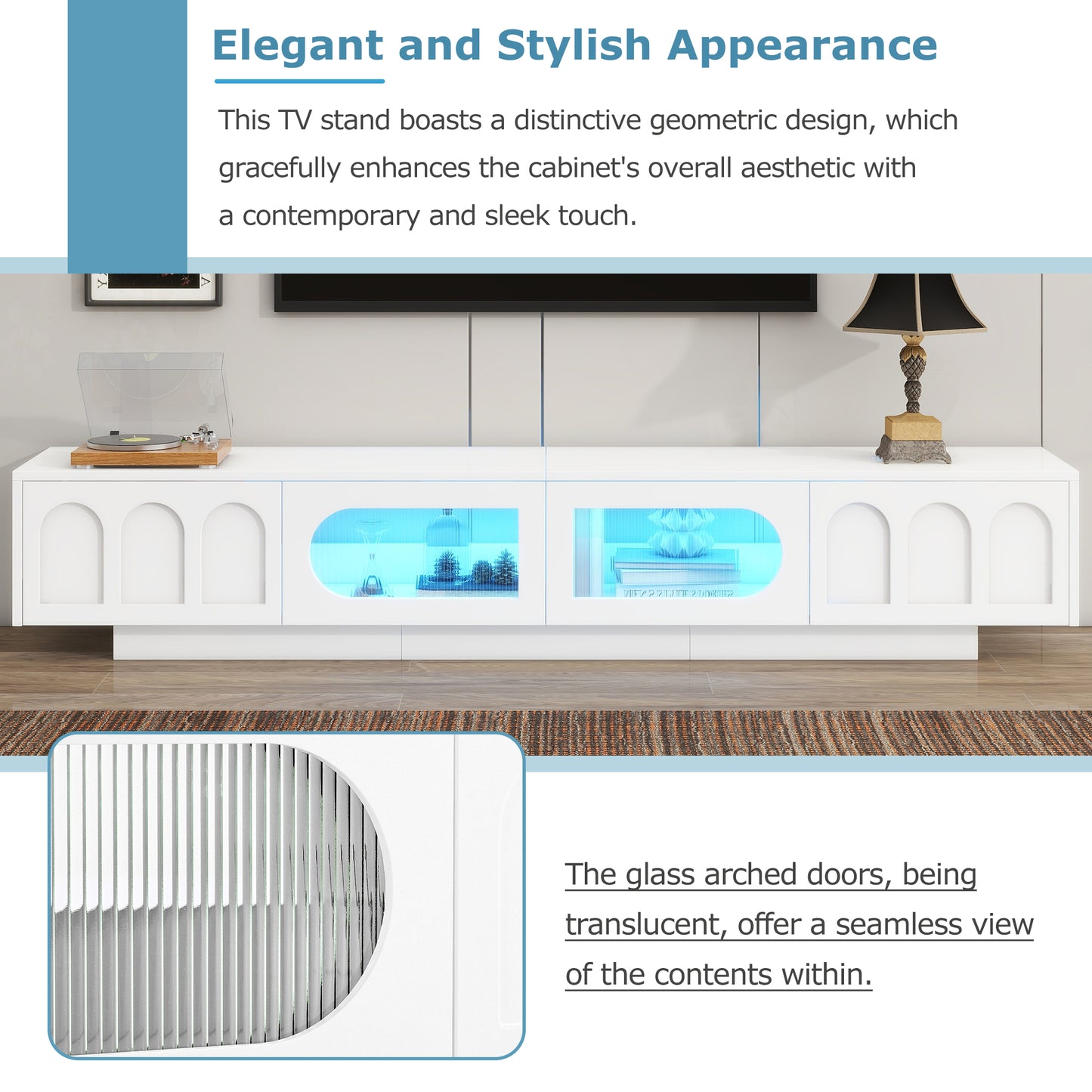 TV Stand with Fluted tempered Glass Doors for TVs Up to 95''Entertainment Center with APP-Controlled LED Light